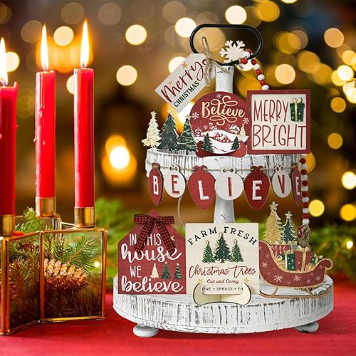 Miniatura 4 de Smile - Juego de 15 piezas de decoración navideña para interiores, juego de decoración de bandeja escalonada, centro de mesa de árbol de Navidad,