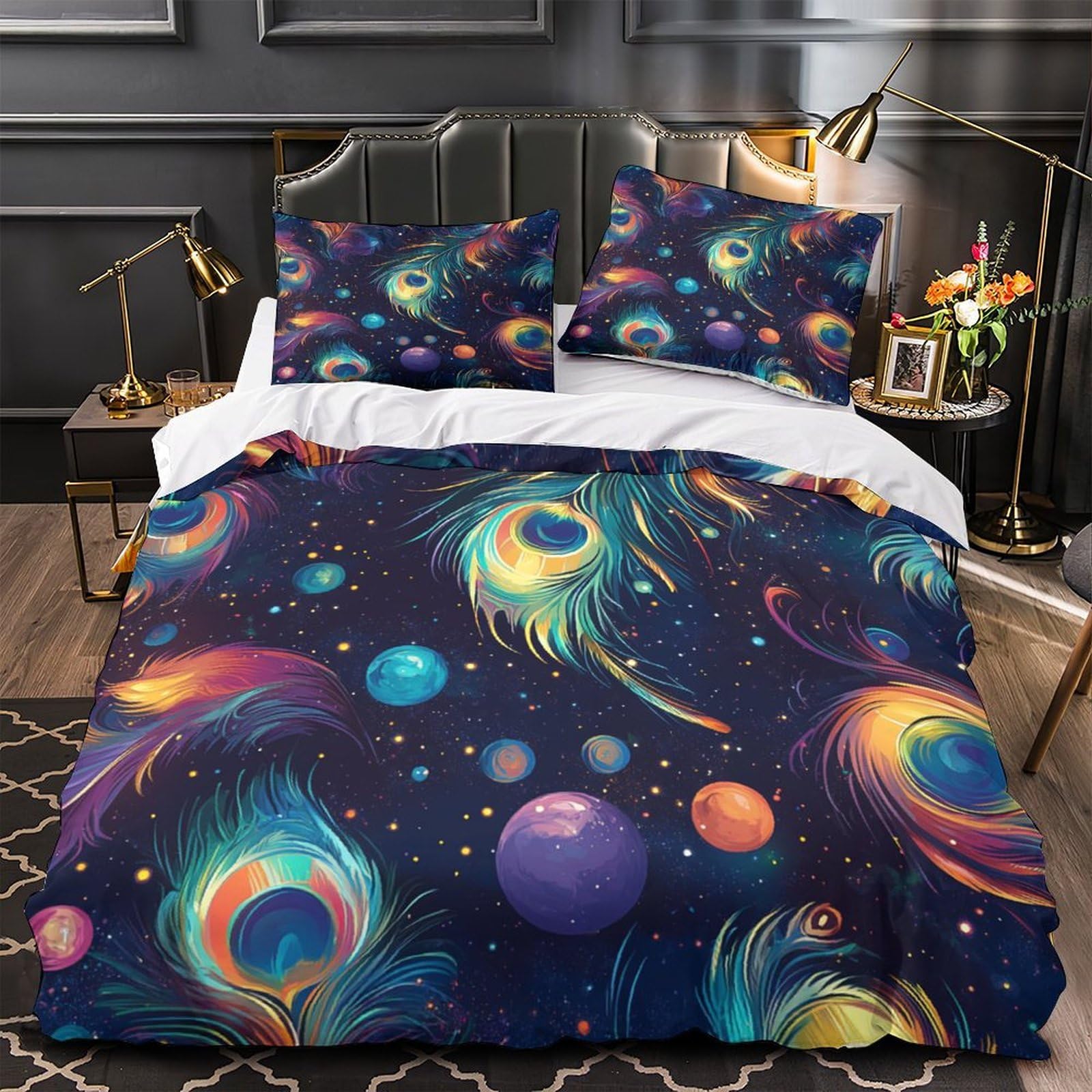 Housse de couette paon 3D en microfibre 260x220 cm avec 2 taies d'oreiller