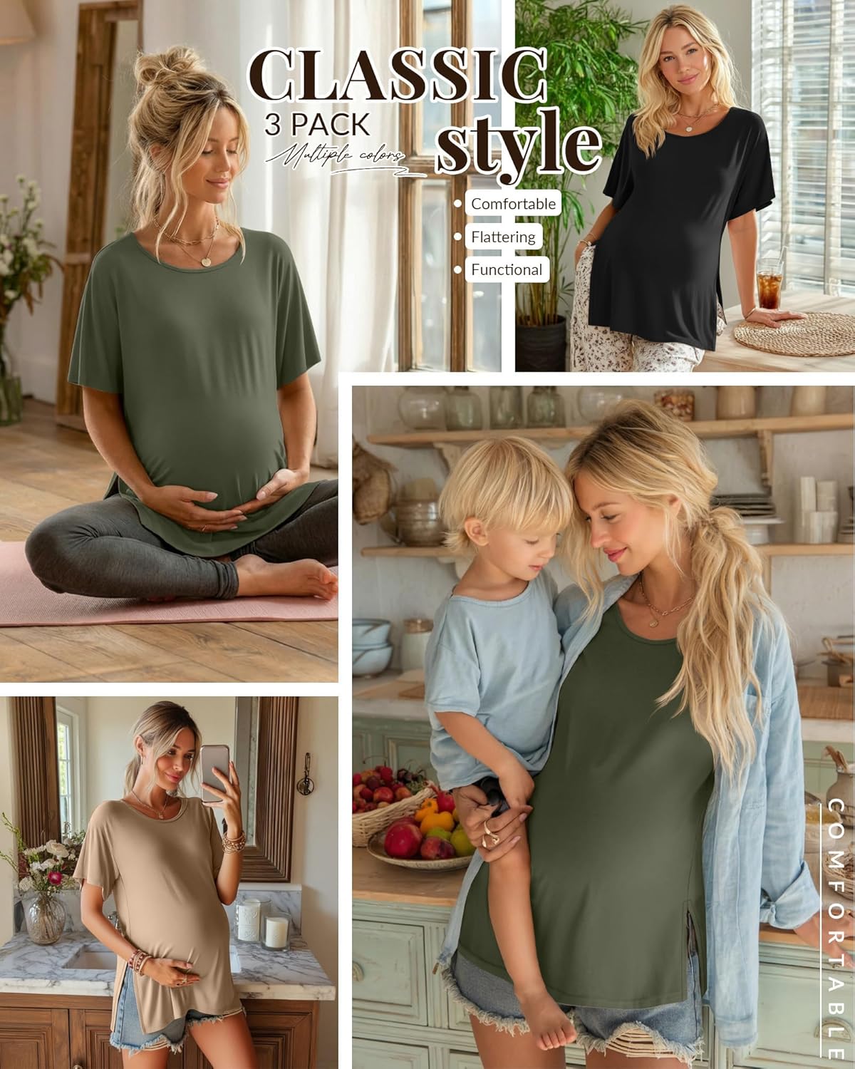 Riyiper 3 Pack Women's Maternity Tunic Shirts Cotton Summer Pregnancy Clothes Loose Oversized Split Side Blouse Tops - Image 2