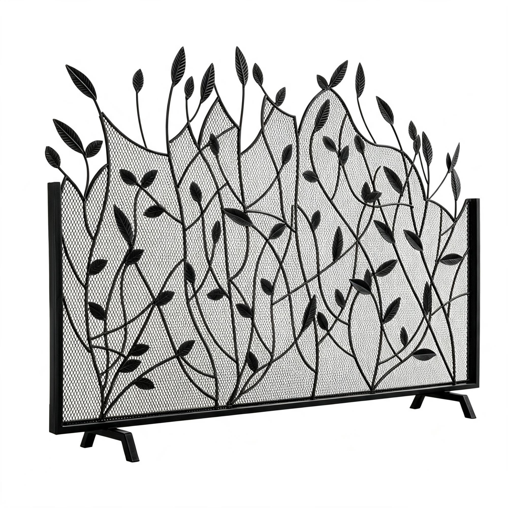 Parascintille per Camino a 1 Pannello in Ferro Battuto, Parafuoco Dorato | Schermo in Rete Stile Retrò, Barriera Decorativa Curva per Camino(Black,W96CM/38IN)
