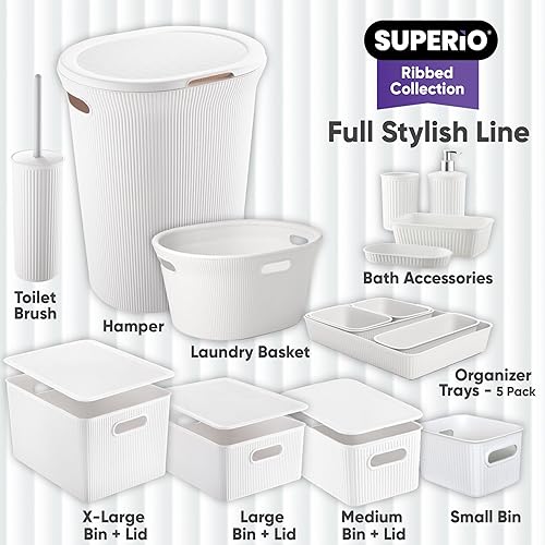 Superio Ribbed Collection - Cesta decorativa de plástico para lavandería con asas recortadas, color blanco (paquete de 1) para dormitorio, baño,