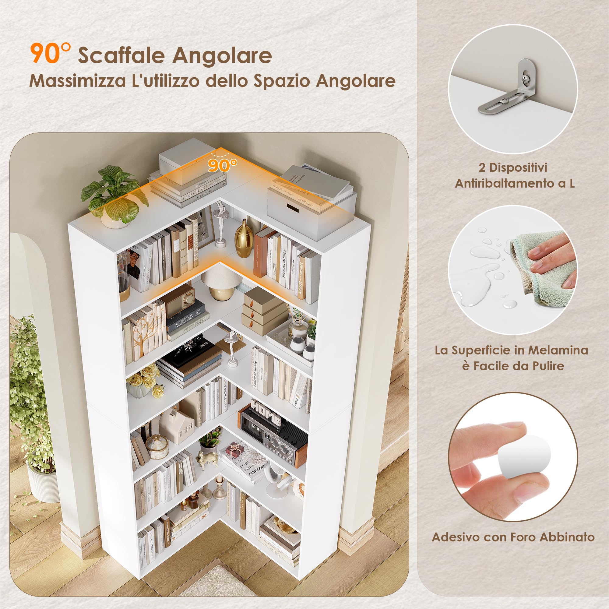 FirFurd 186,4cm Libreria Angolare a 6 Ripiani, Libreria da Parete, Bianco