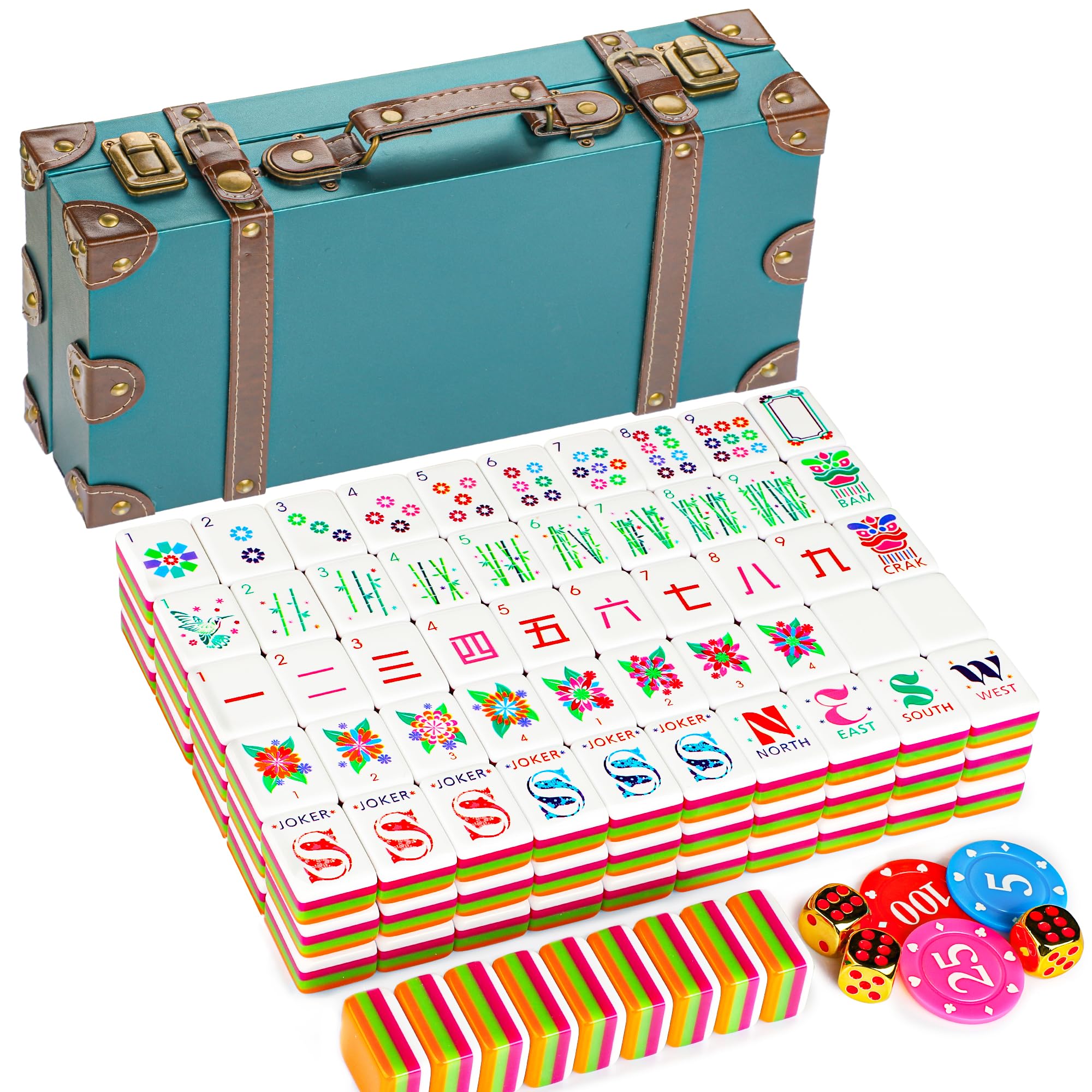 Photo 1 of Binood Classic American Mahjong Tile Set, 166 Creative Design 4-Layer Colorful Acrylic Carved Tiles, 100 Chips, 3 Golden Dice, Vintage Classic Leather Portable Travel Case