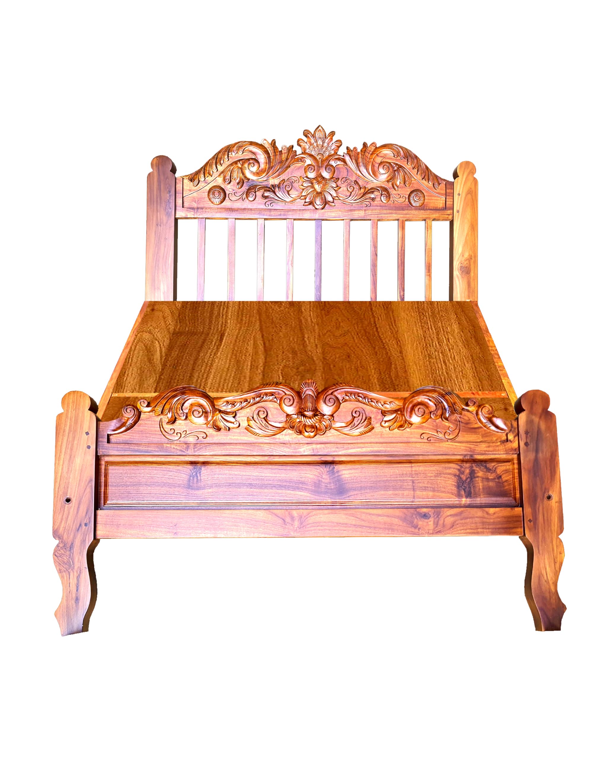 Aone - Original Teakwood Bed Frame (Double 6.5 * 4.5ft) | Flower Carved Headboard