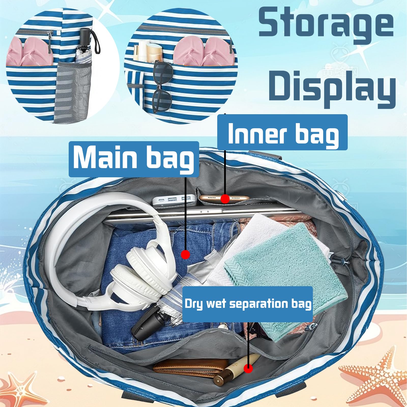 LUKIUP Bolsa de playa de la familia, XL con mini bolsa de baño, bolsa de la compra para viajes, compras y uso diario (negro)