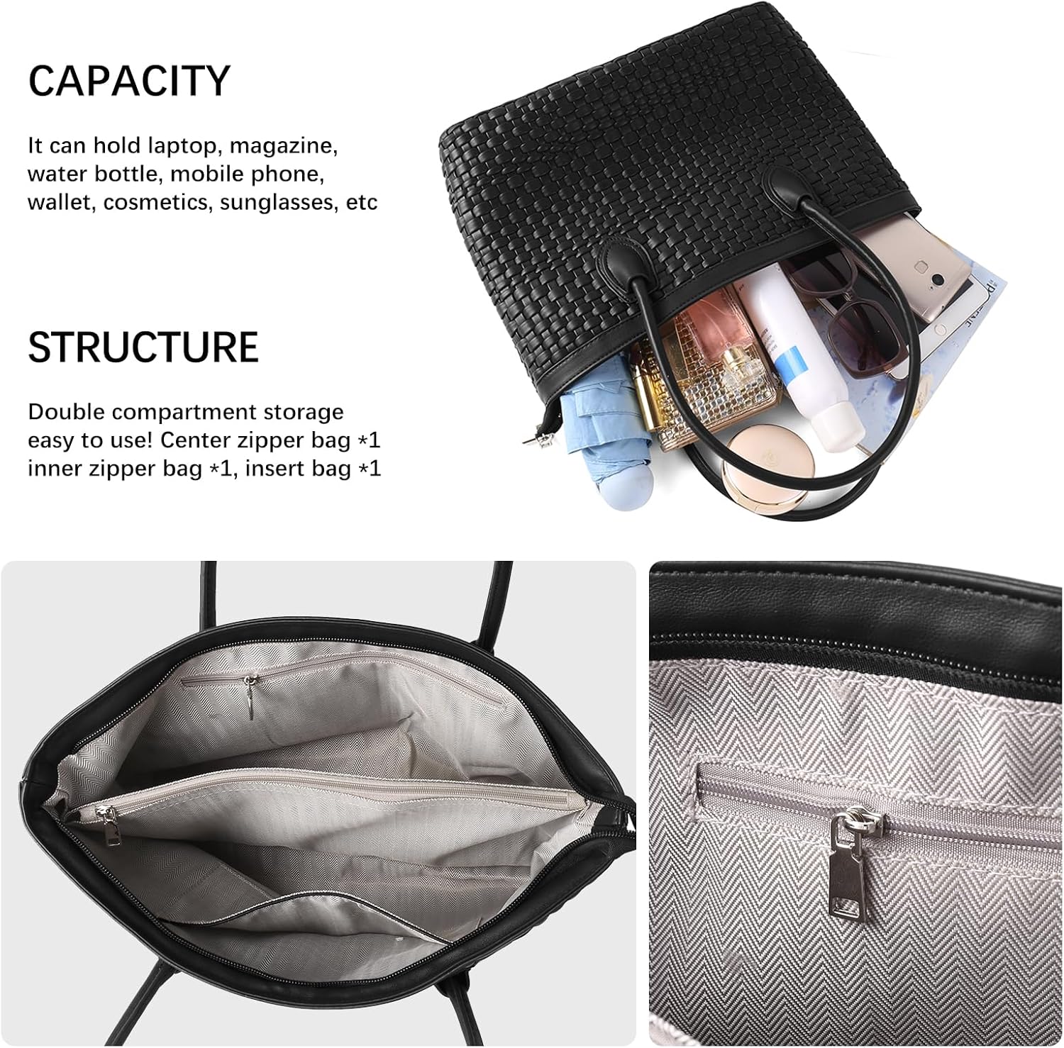 Woven Tote Bag For Women Hand Make Vegan Leather Shoulder Bag Handbag Zip Closure Beach Tote Travel Hand Bag - Image 6