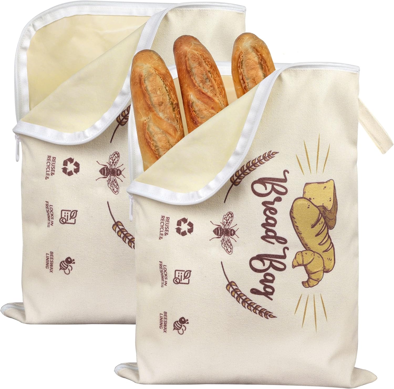 2 Pack Beeswax Bread Bags for Homemade Sourdough with Detachable Liner & Handles, X-Large Reusable Food Storage Bag, Organic Cotton Wrap for Artisan Bread, Eco-Friendly & Washable | Breathable material