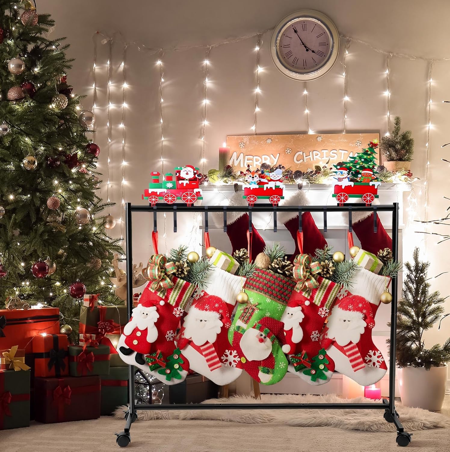 35 x 31 Inches Christmas Stocking Holder Stand with 10 Hook Metal Heavy Duty Free Standing Christmas Stocking Rack Stand with Wheels Merry Christmas Stocking Decorations Living Room