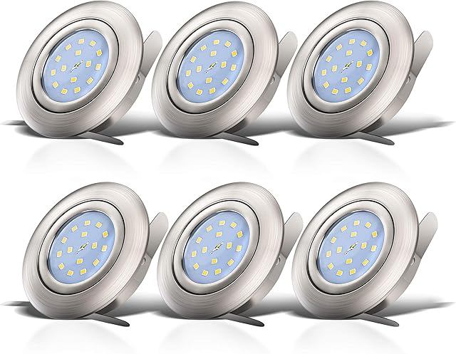 B.K.Licht set of 6 LED recessed ceiling lights, swivel mounted LED downlights, built-in 5W LED board, No transformer needed, extra flat, round, warm white light, matt nickel design, LED ceiling spotlight, 230V, IP23