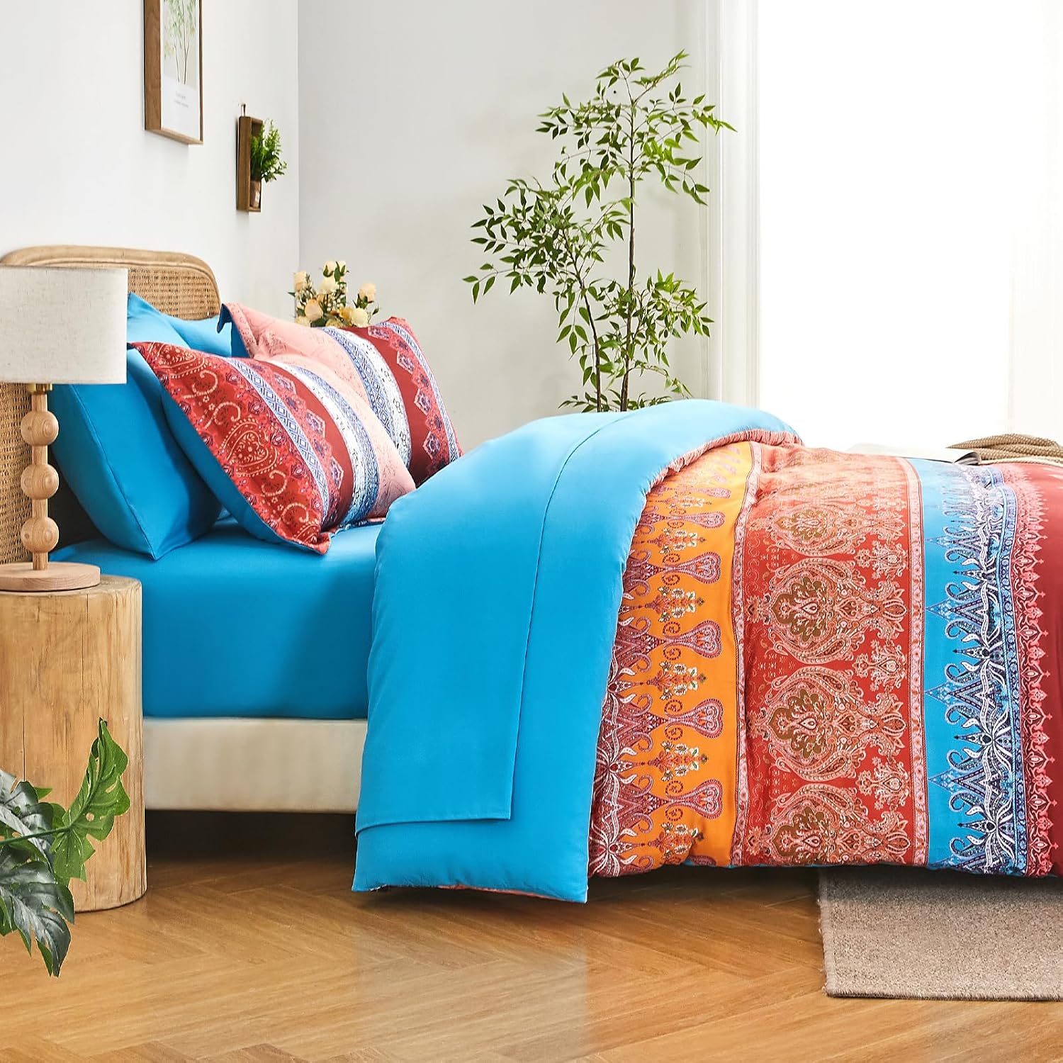 Boho Comforter Set Queen - 7 Pieces Bed in a Bag, Bohemian Striped Comforter Set with Sheets, Soft Microfiber Colorful Floral Bedding Set for All Season - Image 5