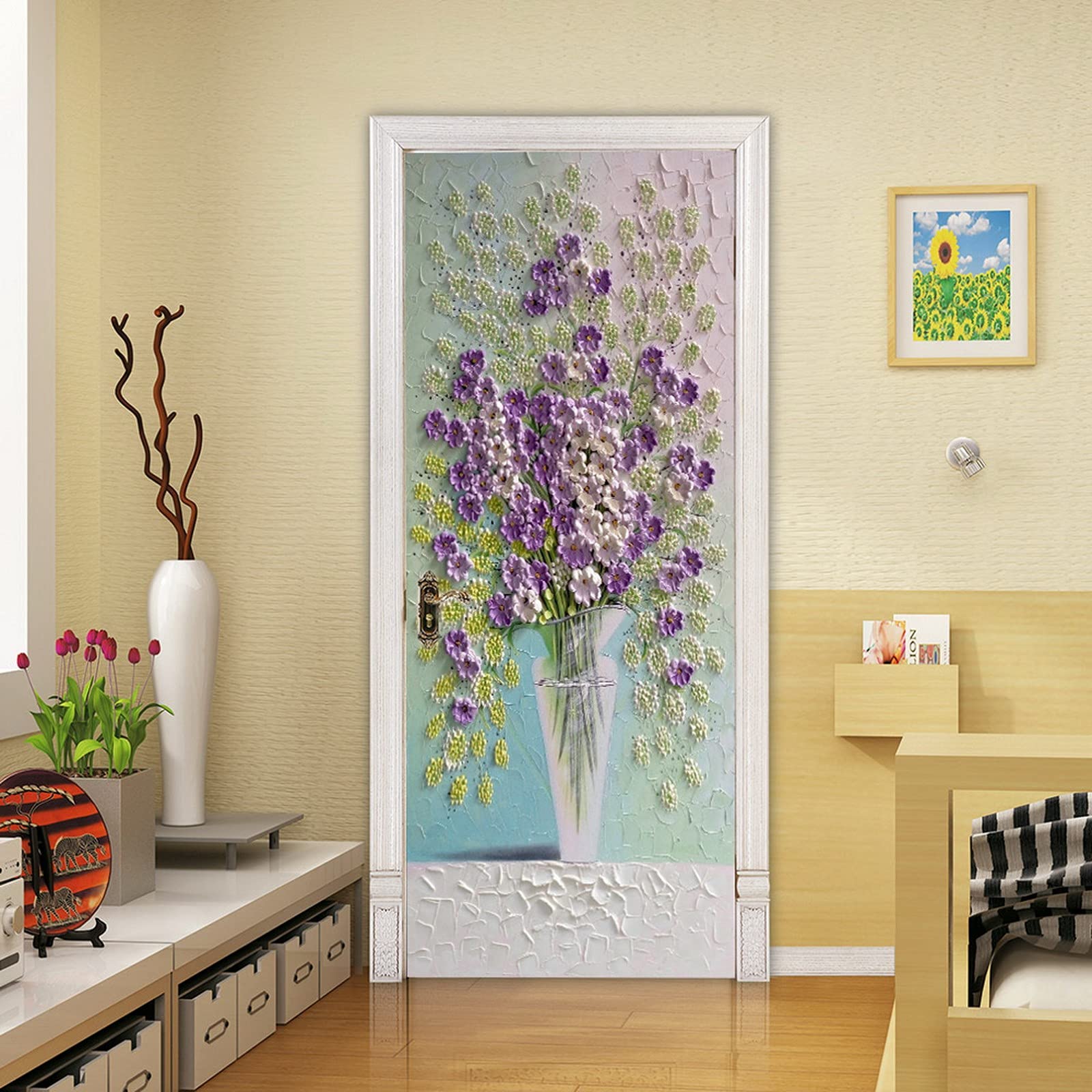 A.Monamour Adesivo Porta Autoadesiva Fiori Viola In Un Vaso Pittura Murale 3D Effetto Arte Astratta Vinile PVC Adesivi per Porte Interne 3D Pellicola Adesiva Poster Sticker Murale Parete