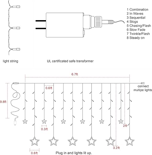 Miniatura 5 de Twinkle Star 12 Stars tiras de luces para cortina de ventana con 138 ledes 8 modos de parpadeo decoración para Navidad bodas fiestas hogar patio