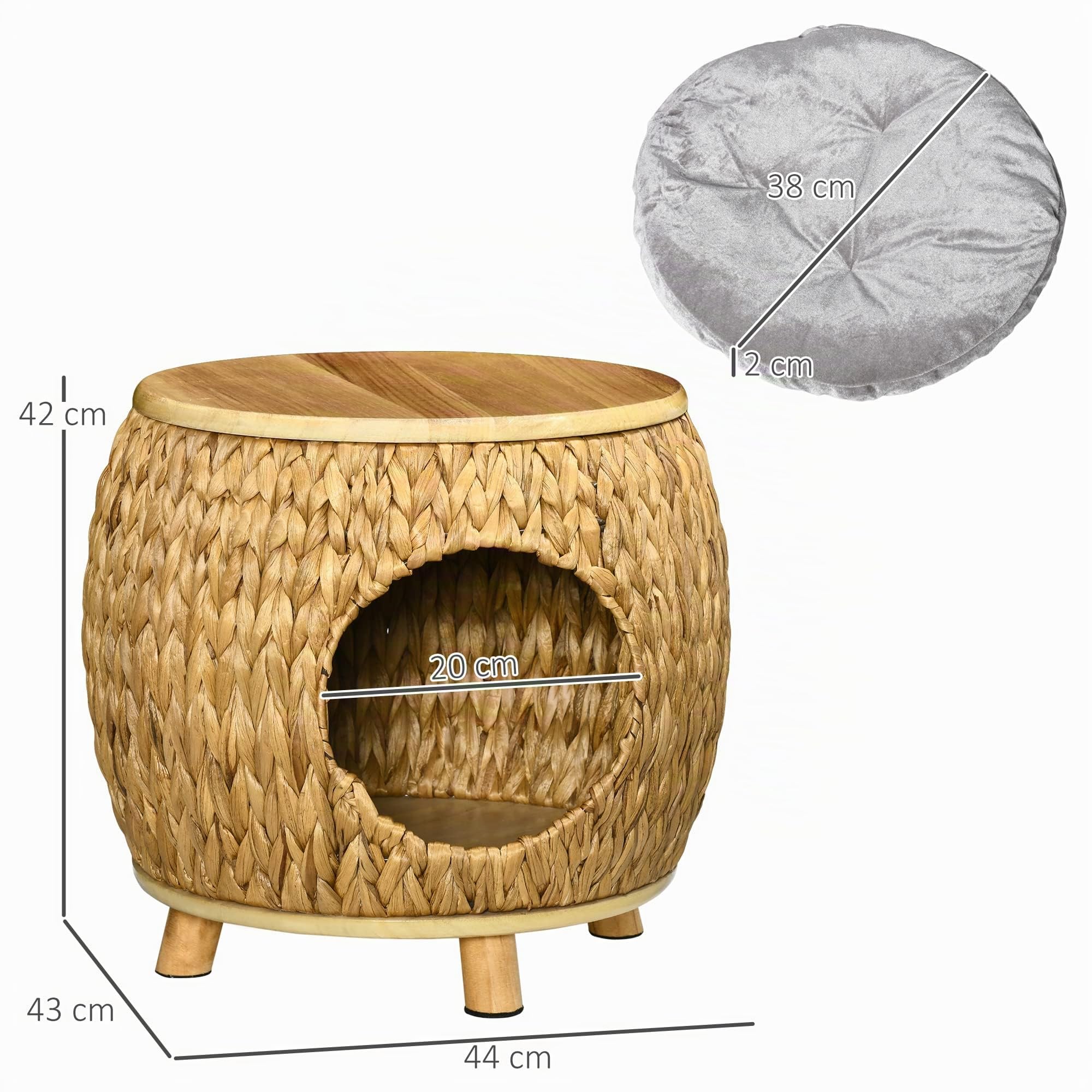 Pawhut grotta per gatti in rattan design 2 in 1 cesto per gatti con cuscino letto per gatti rifugio per gatti letto per animali domestici giacinto d'acqua erba paulownia legno marrone chiaro+grigio 44