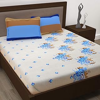 Story@Home Floral Design Print 186 TC 100% Cotton Double Bedsheet with 2 Pillow Cover, Cream and Blue