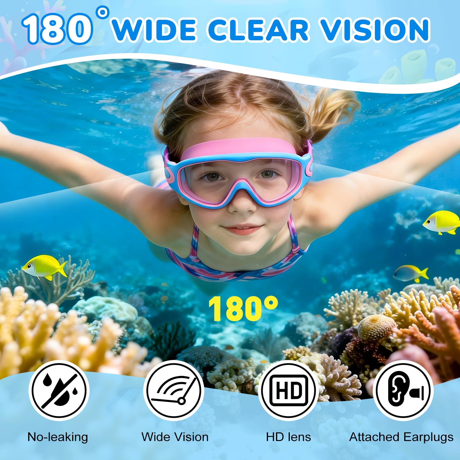 SHINER Gafas natacion, gafas natacion niño de 3 a 15 años, antivaho, impermeables, máscara de buceo panorámica, antifugas de 180° gafas piscina niños, para niños y niñas