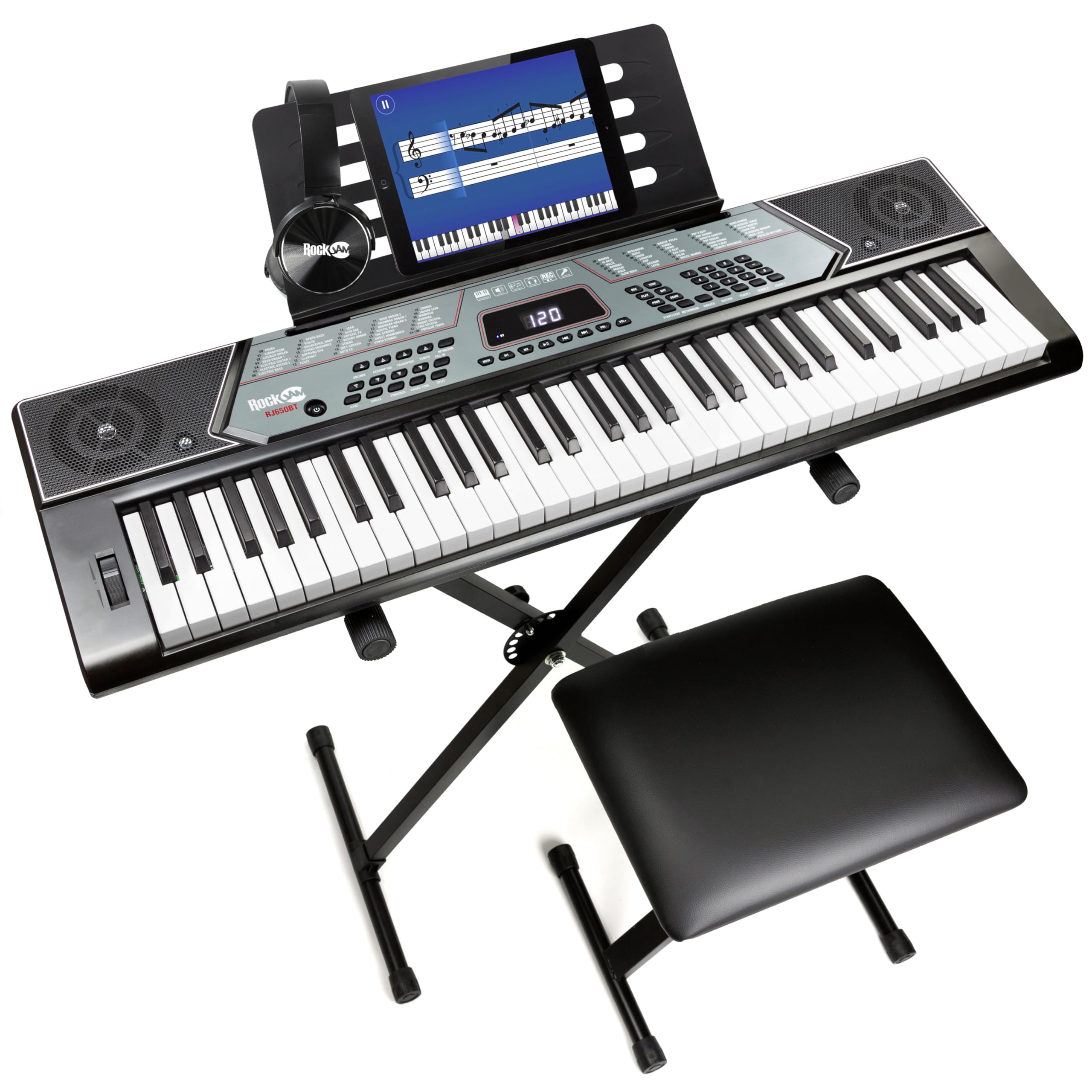 RockJam Tastiera per pianoforte 61 tasti con Pitch Bend, supporto, panchina, auricolare, adesivi per appunti e lezioni