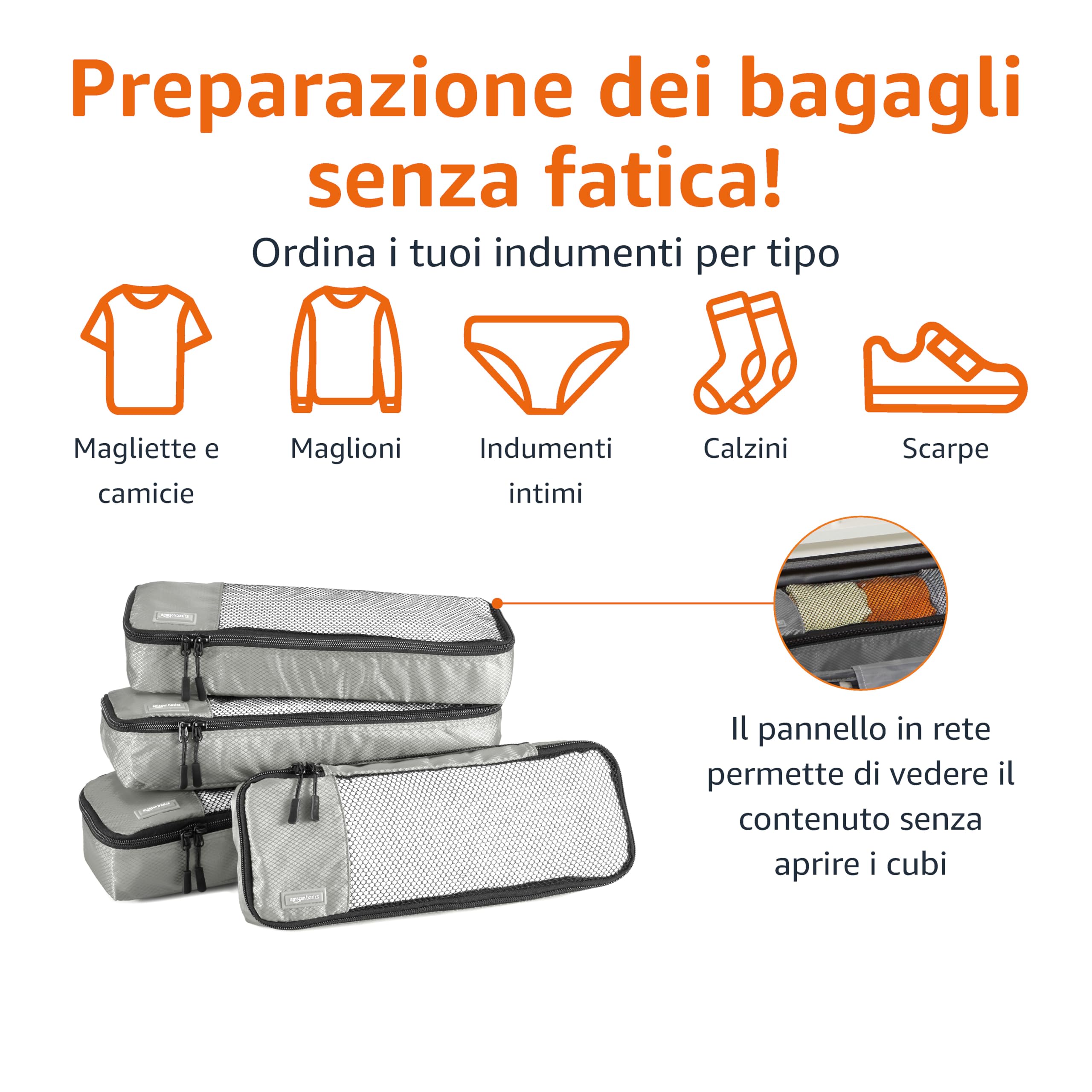 Amazon Basics Organizer da Viaggio Salvaspazio per Valigie, con Cerniera, Set da 4 Pezzi, Sottile, Grigio