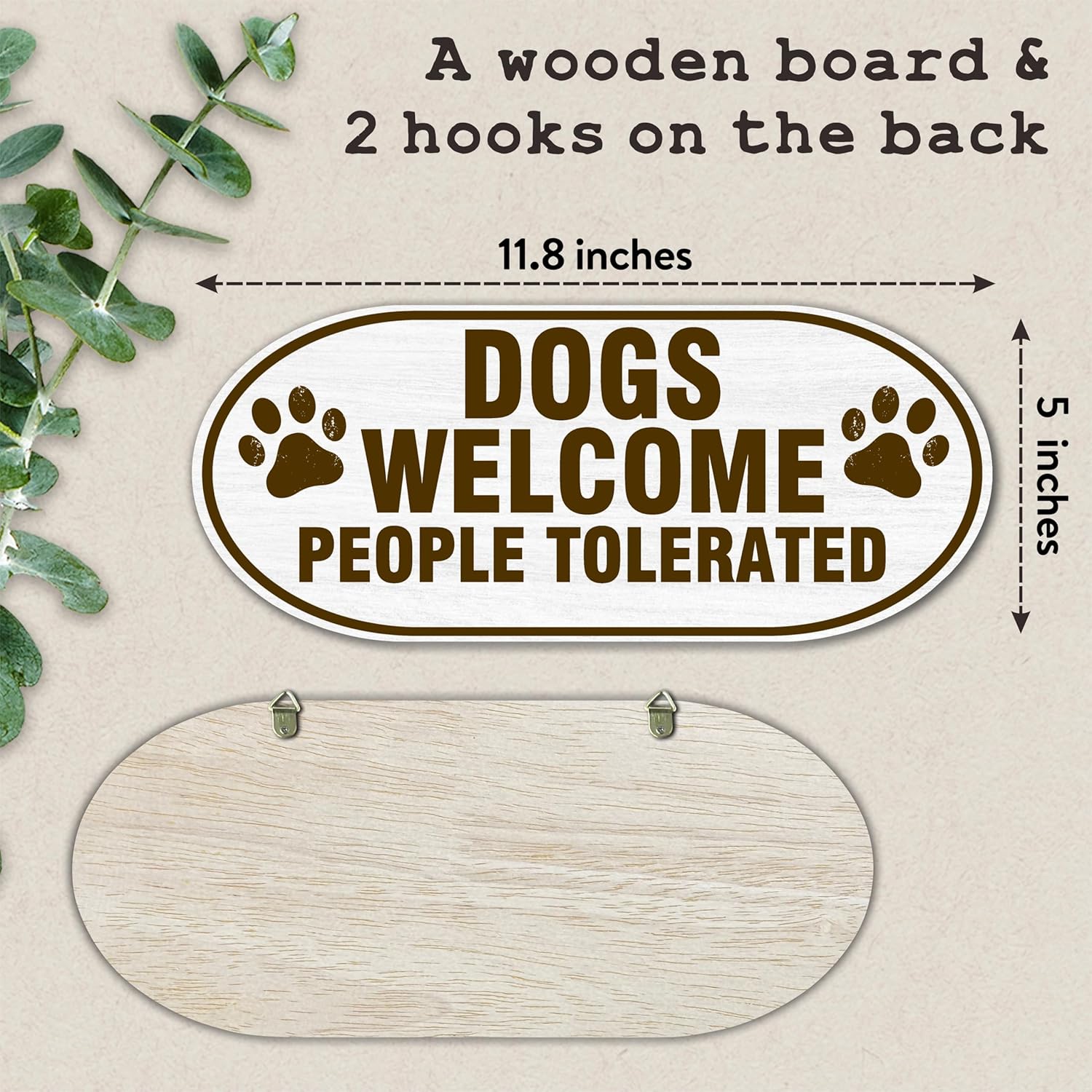 Dogs Welcome People Tolerated - 11.8"X 5" Oval Wooden Hanging Sign With Hooks, White Dog Paw Farmhouse Porch Indoor Outdoor Yard Sign, Gift For Dog Lover, Home & Office Wall Decor & Accessories - C07 - Image 2