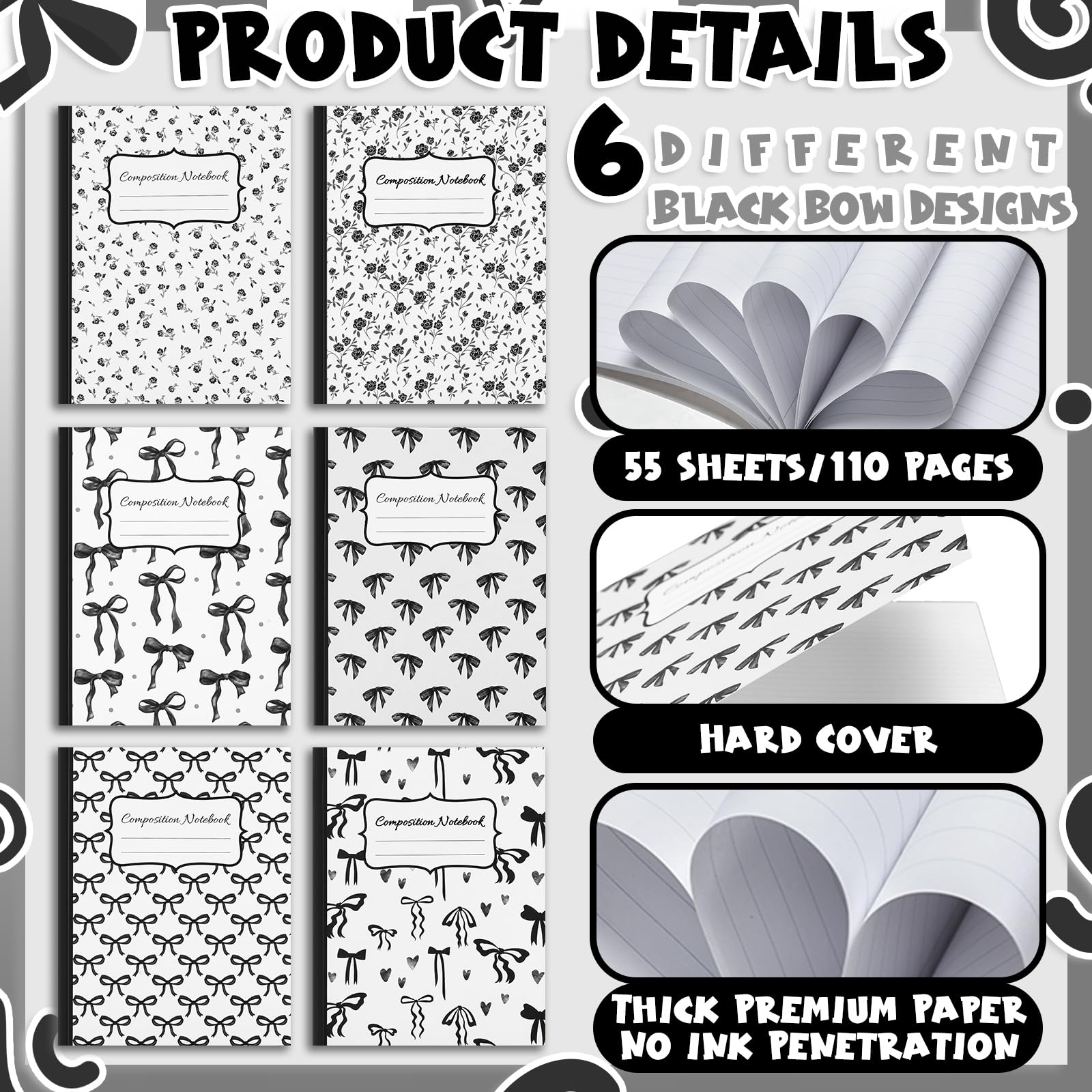 Fullhawl Lot de 6 carnets de composition avec nœud noir, ligné pour l'université, 110 pages, 24,5 x 19,5 cm, joli cadeau pour enseignant, étudiant, premier jour d'école