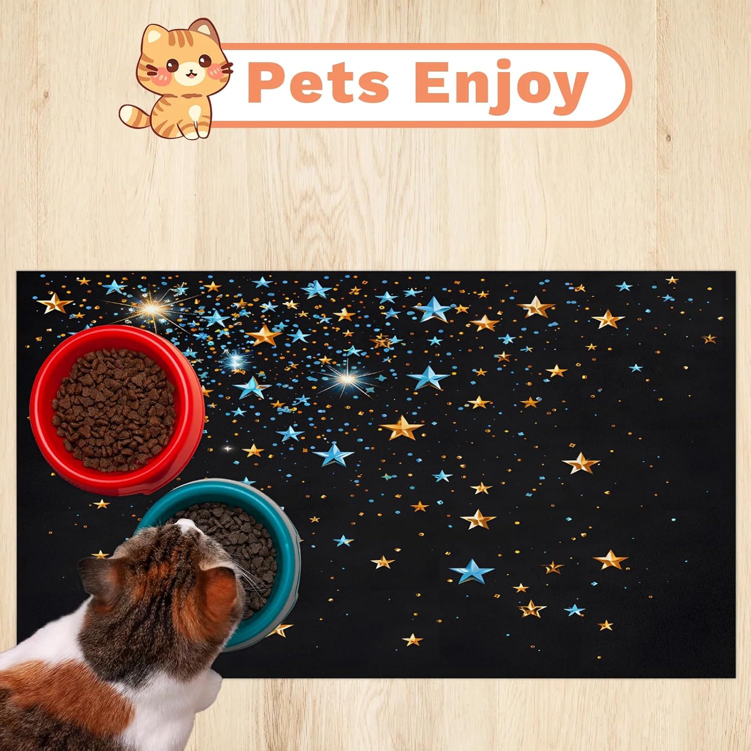 Hexteria Gold Blue Stars on Black Dog Food Mat Absorbent Quick Dry Pet Feeding Mat for Food and Water Bowl Non Slip Placemat for Dogs Cat, Easy to Clean,24 x 32 in