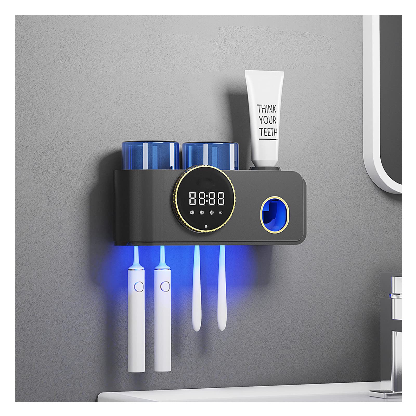 Porta Cepillo de Dientes, Soporte Cepillo de Dientes con Función Esterilizador Secado, LED Estuche Cepillo Dientes con Luz Nocturna, Organizador Baño USB Recargable Negro