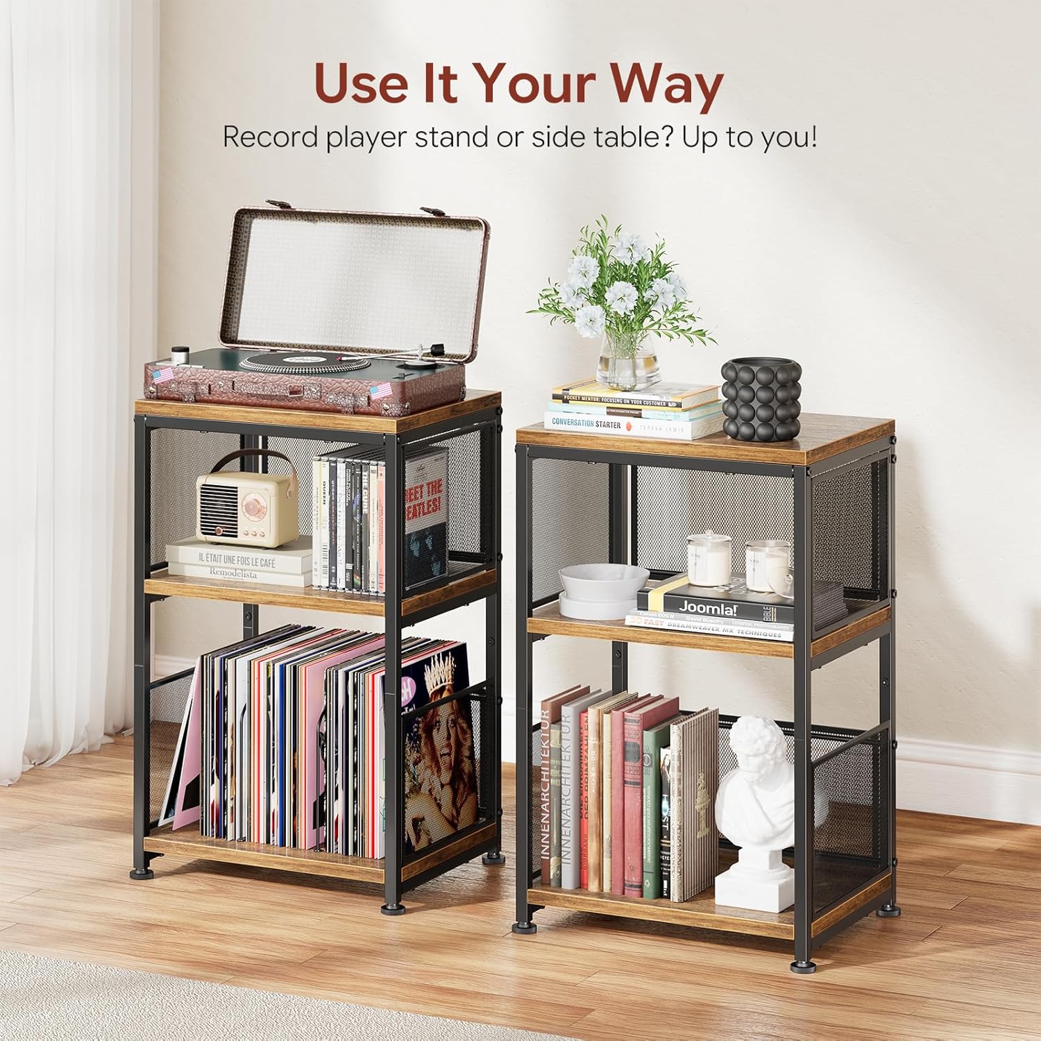 Simple Trending 3 Tiers Side Table, Record Player Stand, Turntable Stand with Vinyl Record Storage, Hold Up to 100 Albums, Rustic Brown
