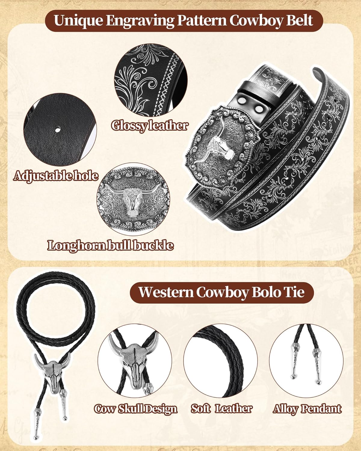Western Cowboy Outfit for Men Faux Suede Vest Western Belt Necktie and Bandana for Halloween Costume Party - Image 4