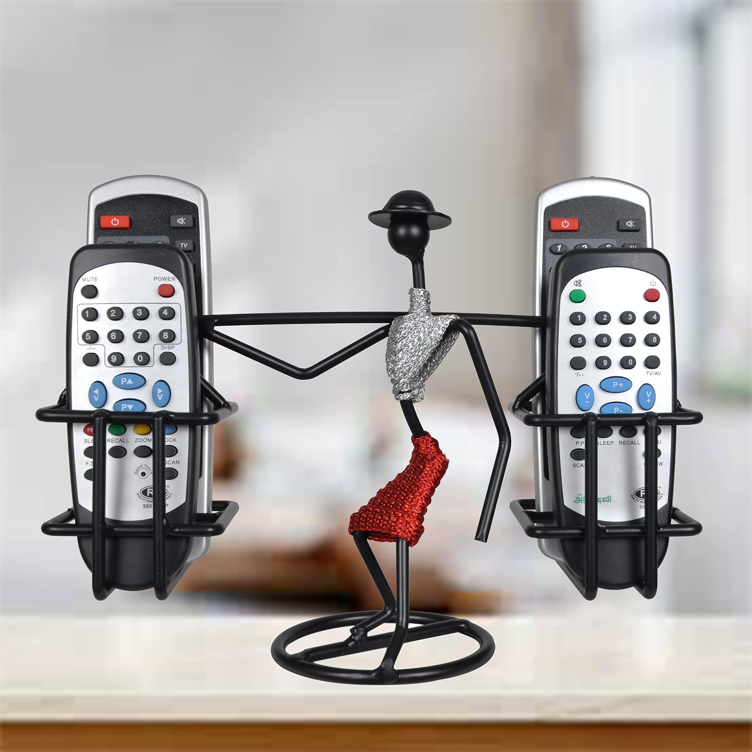 D&V Engineering Metal Remote Holder/Remote Stand/Remote Organizer for Living Room Décor (Silver & Red)