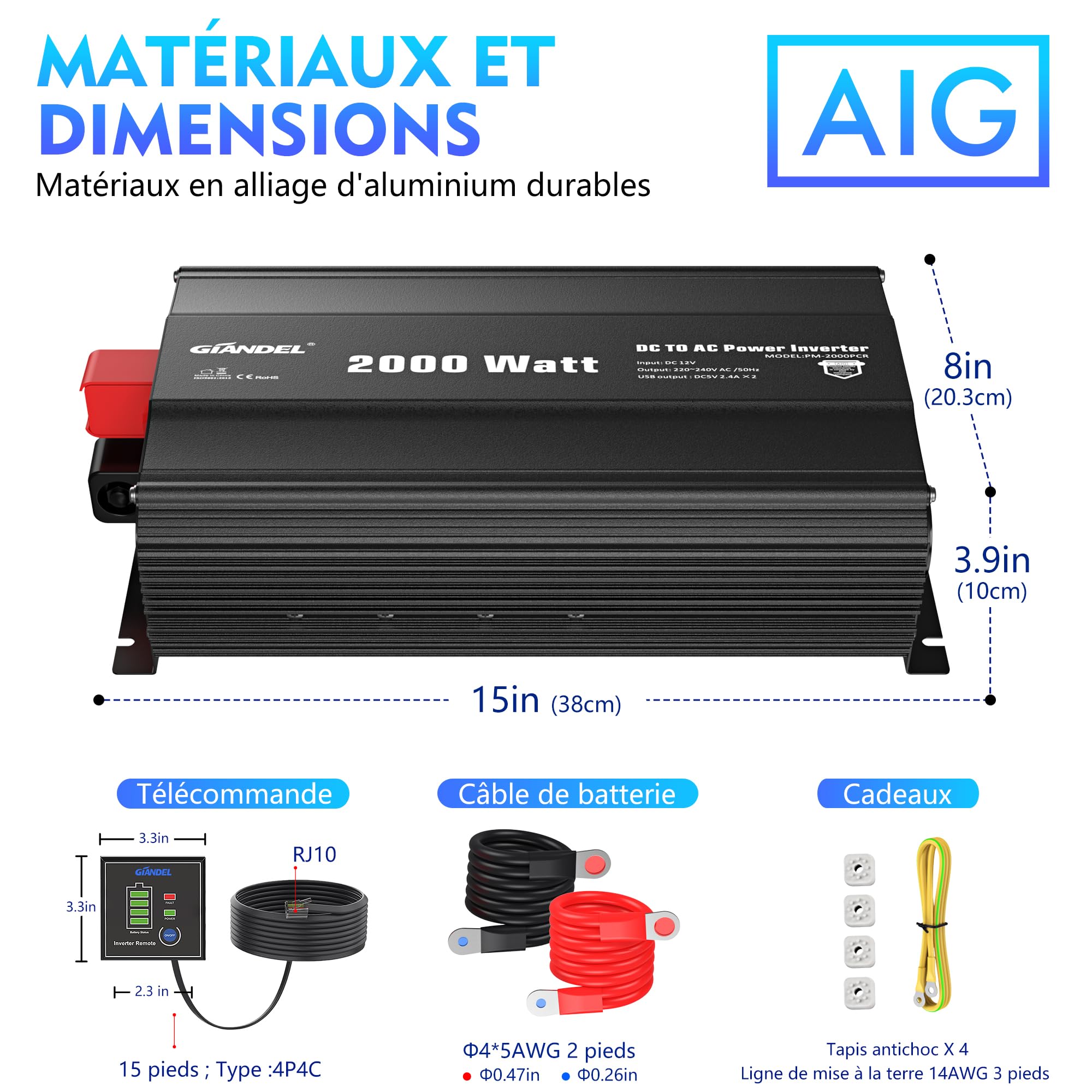 GIANDEL 2000W Convertisseur 12V 220V Onduleur à Onde Modifiée Transformateur Compatible Lithium-Batteries, avec Télécommande pour Voiture, Caravane, Bateau, Camping, Voyage - Version Noire