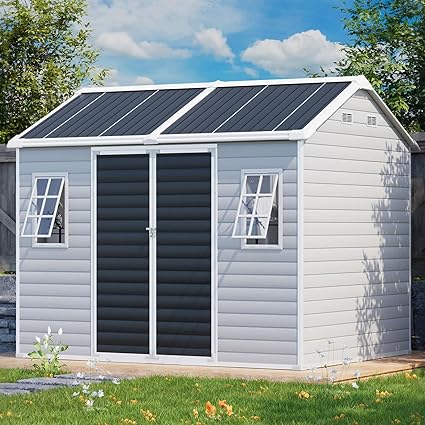 8x6 FT Resin Storage Sheds with Floor Unique Openable Windows Double Lockable Door Vents, Outdoor Waterproof Plastic Garden Tool Sheds for Backyard Storage Lawnmovers, Gray