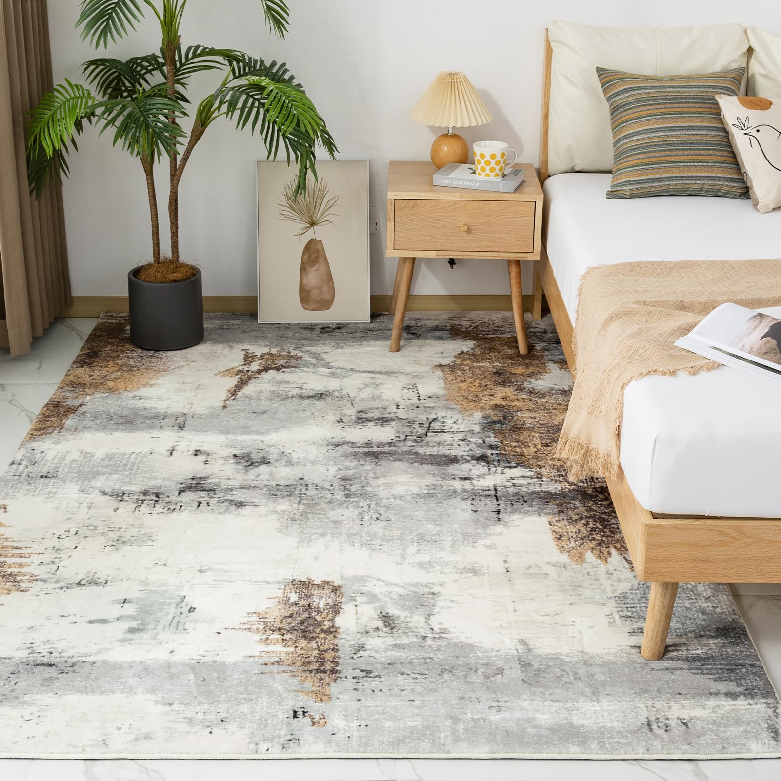 VK·LIVING Tappeti per il Soggiorno Aggiornati 14.5mm Spugna Spessa Tappeto | Astratto Moderno Antiscivolo Tappeto a pelo Medio per Soggiorno Camera da letto Ufficio Grigio oro 160X230CM