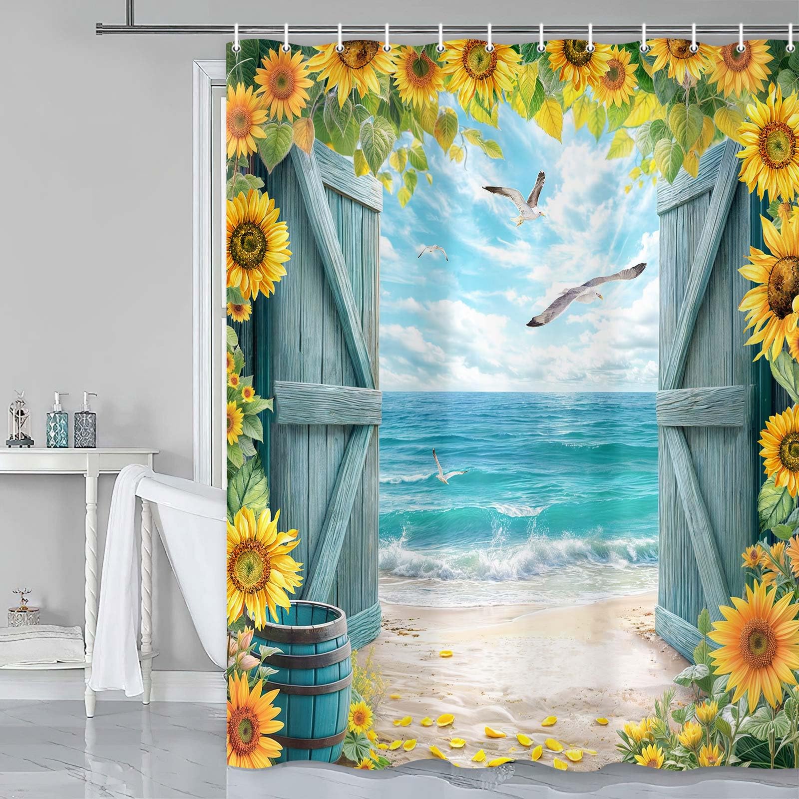 Grtuspr Blue Beach Barn Door Shower Curtain, Ocean Coastal Seaside Shower Curtains, Rustic Sunflower Farmhouse Wood Plank Western Retro Nature Plant