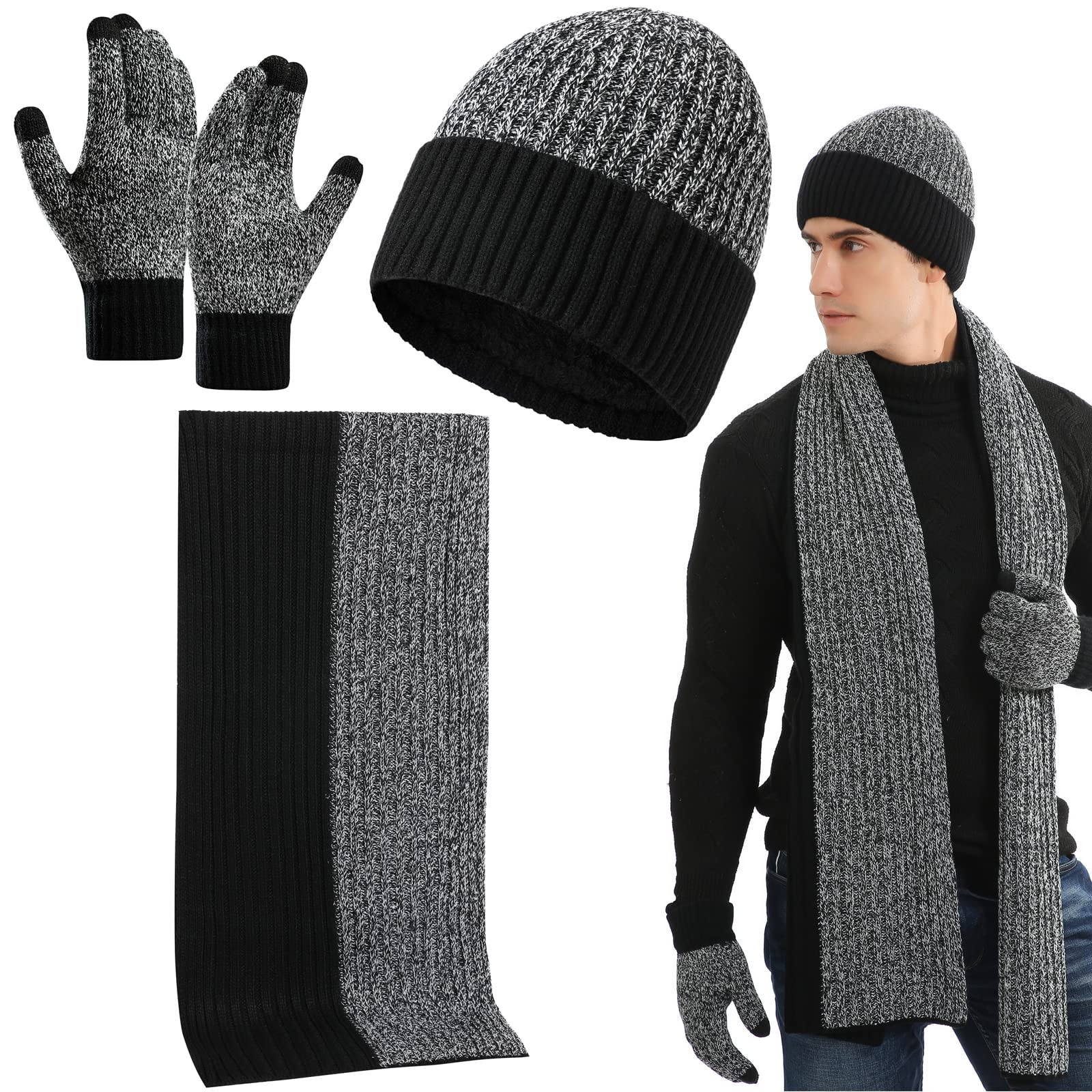 Juego de 3 guantes de bufanda de invierno para hombres y mujeres, calentador de cuello solitario, gorro de punto, guantes para pantalla táctil, gorro de lana con forro polar,