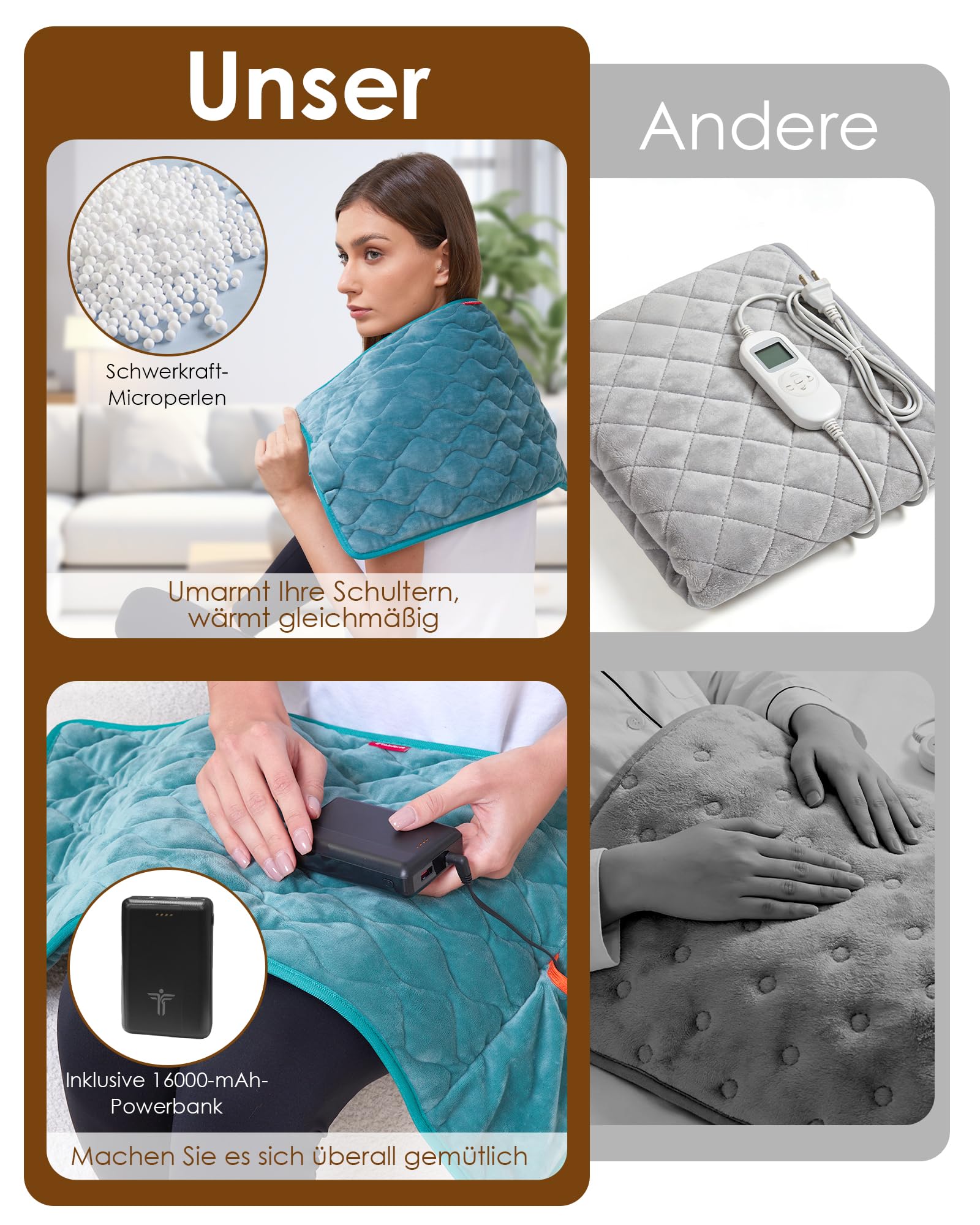 Wireless Electric Heating Pad with Battery, 10,000 mAh, Heating Pad Back with 3 Heat Settings, Rechargeable Heated Blanket Back with Strap for Back, Neck, Shoulder, Gift for Men Women