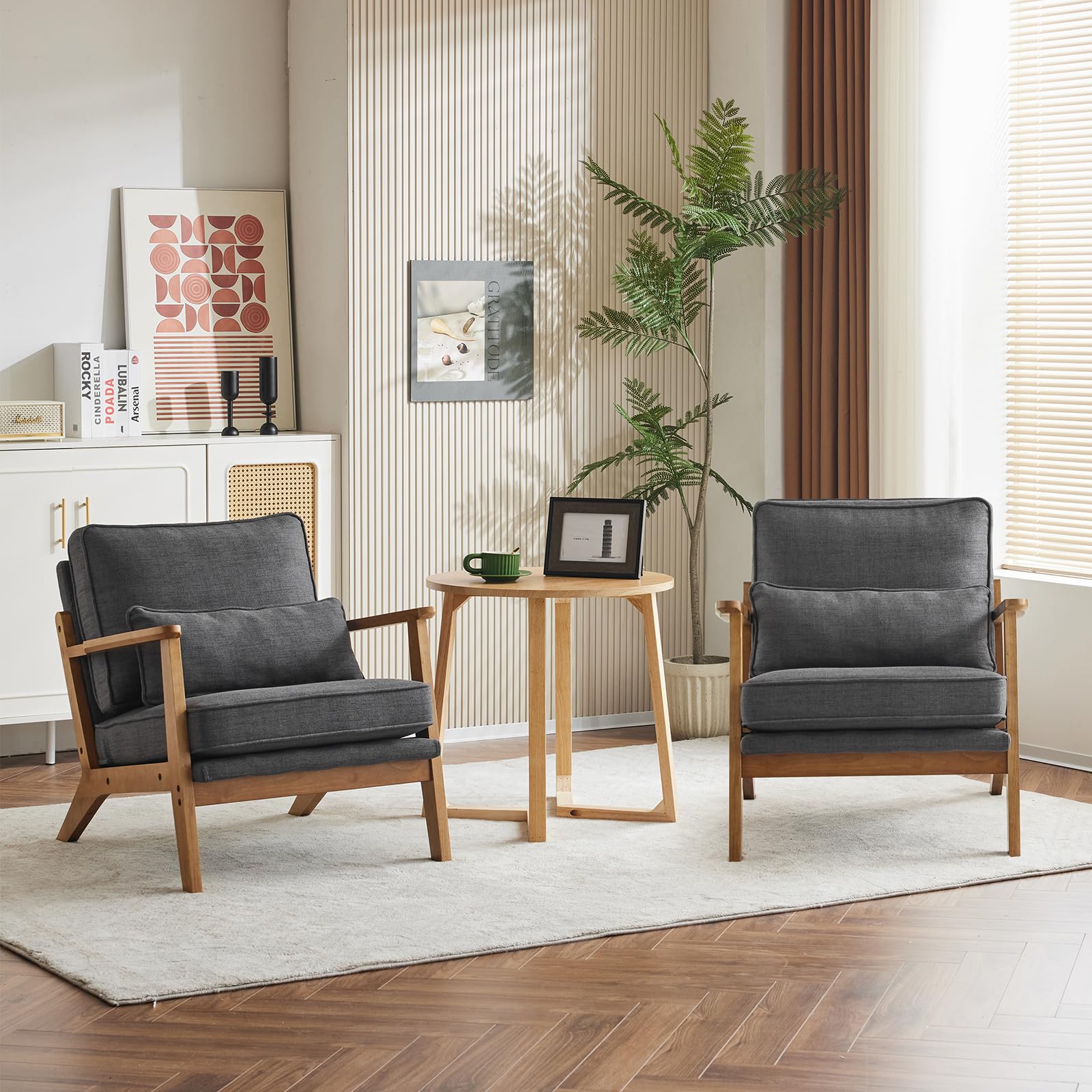 Bonnlo Accent Chair, Soild Wood Padding Lounge Armchairs Set of 2, Occasional Reading Chair with Cushions and Lumbar Pillow, Armchairs for Living Room, Bedroom, Guest Room,Wide Arm, Fabric, Dark Grey