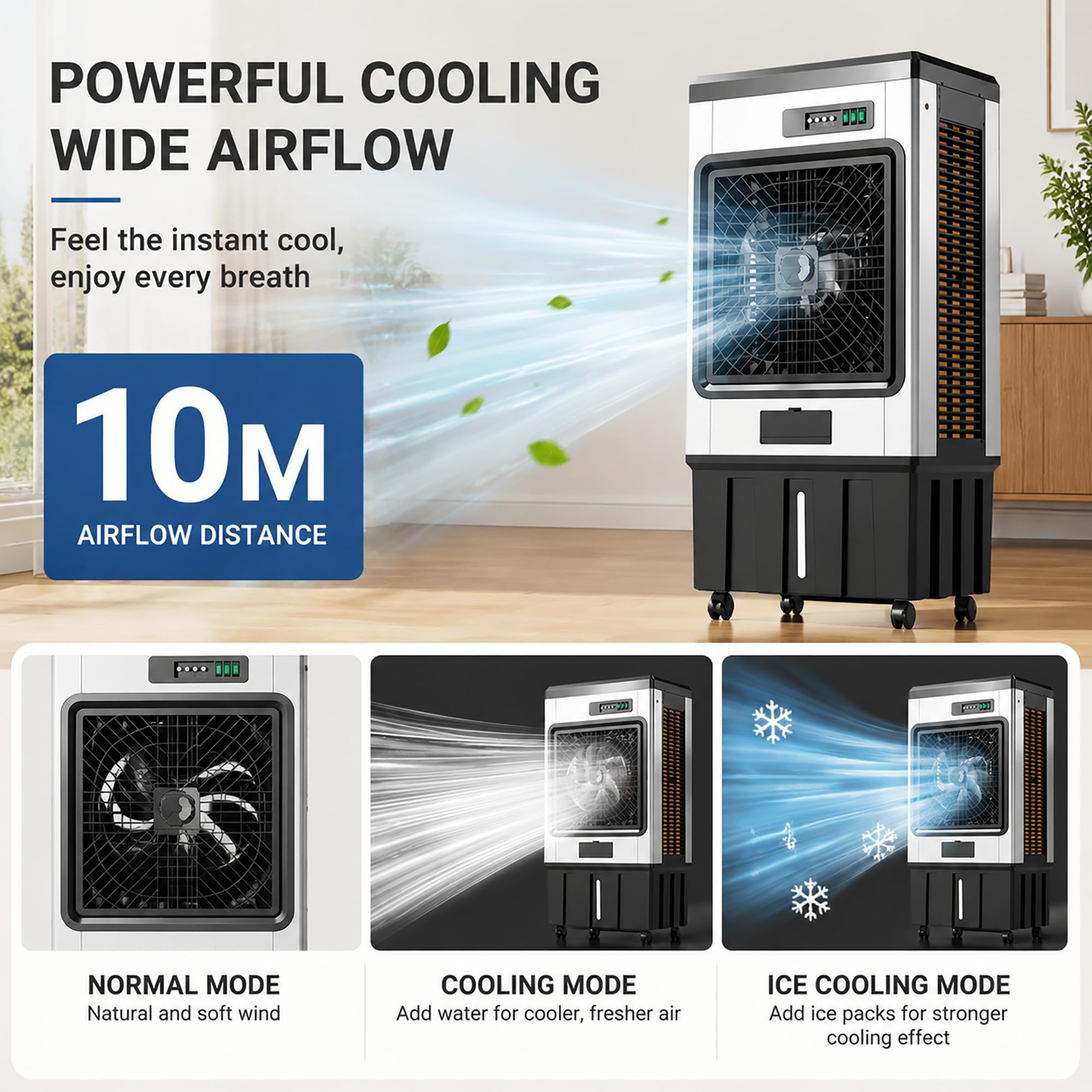 Raffreddatore evaporativo portatile, climatizzatore mobile senza tubo scarico, ventilatore rinfrescante silenzioso con confezioni ghiaccio per ambienti domestici e commerciali black