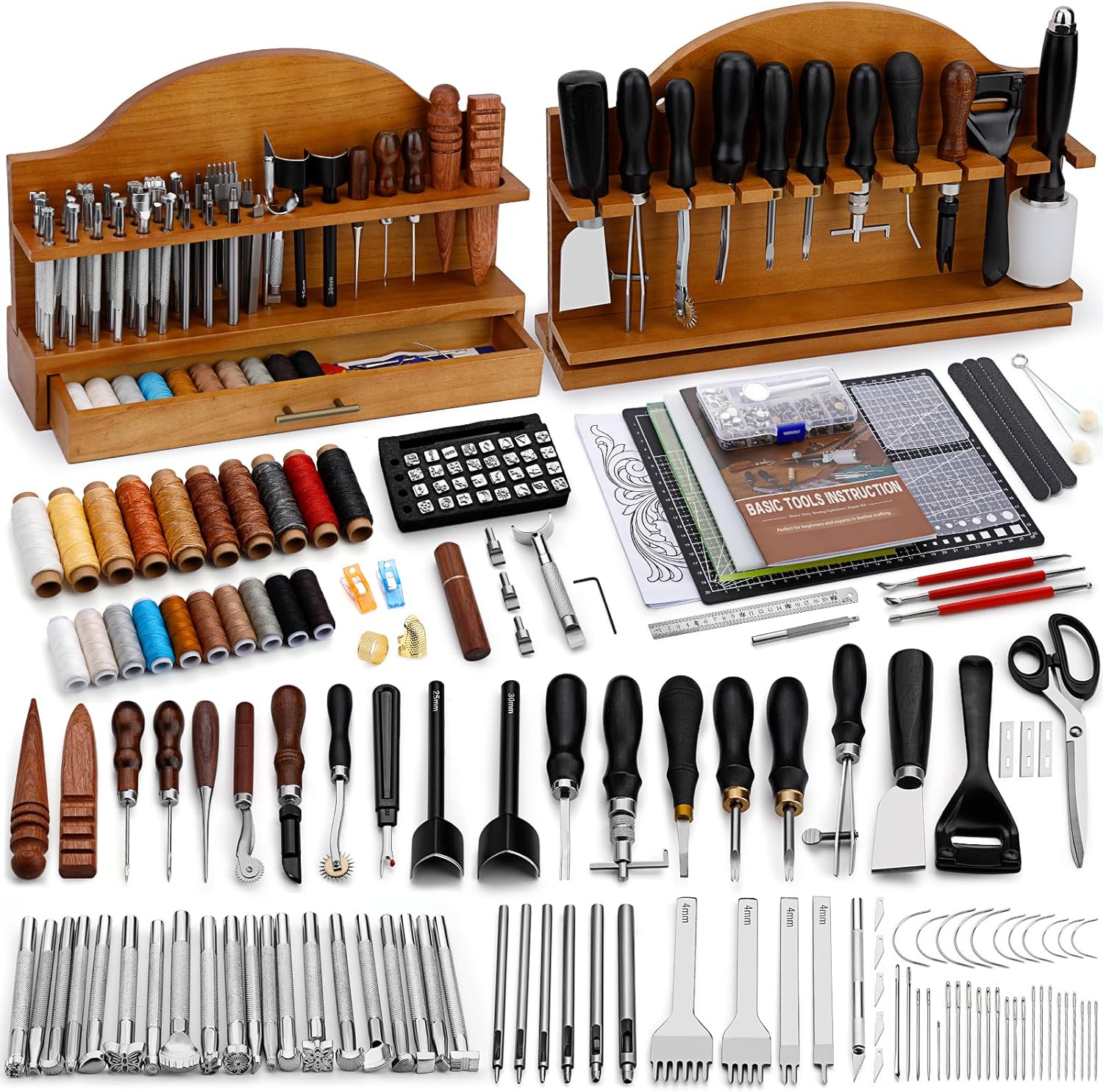 BUTUZE Leather Tools, Leather Crafting Kit with Leather Tool Rack, Leather Working Tools Kit for Adults and Tool Supplies for Carving, Stamping, Engraving, Sewing, Cutting, Punching and DIY Crafts