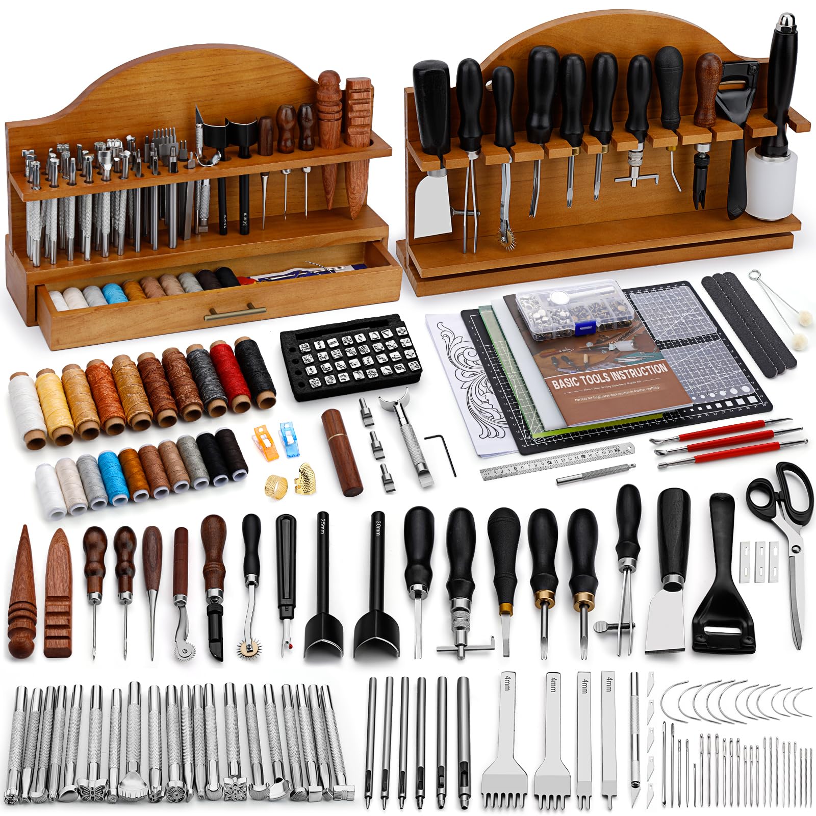 BUTUZE Lederwerkzeuge, Leder-Bastelset mit Leder-Werkzeugständer, Lederarbeitswerkzeug-Set für Erwachsene und Werkzeugbedarf zum Schnitzen, Stempeln, Gravieren, Nähen, Schneiden, Stanzen und Basteln