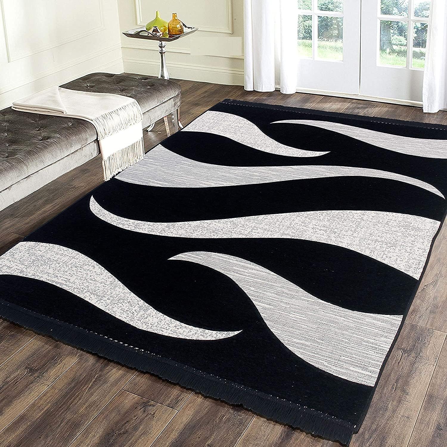 Sparrow World Designer Superfine Exclusive Velvet Carpet | Rug | Living Room | Bedroom | Hall | School | Temple | Bedside Runner | 5 Feet x 7 Feet | - (Black)