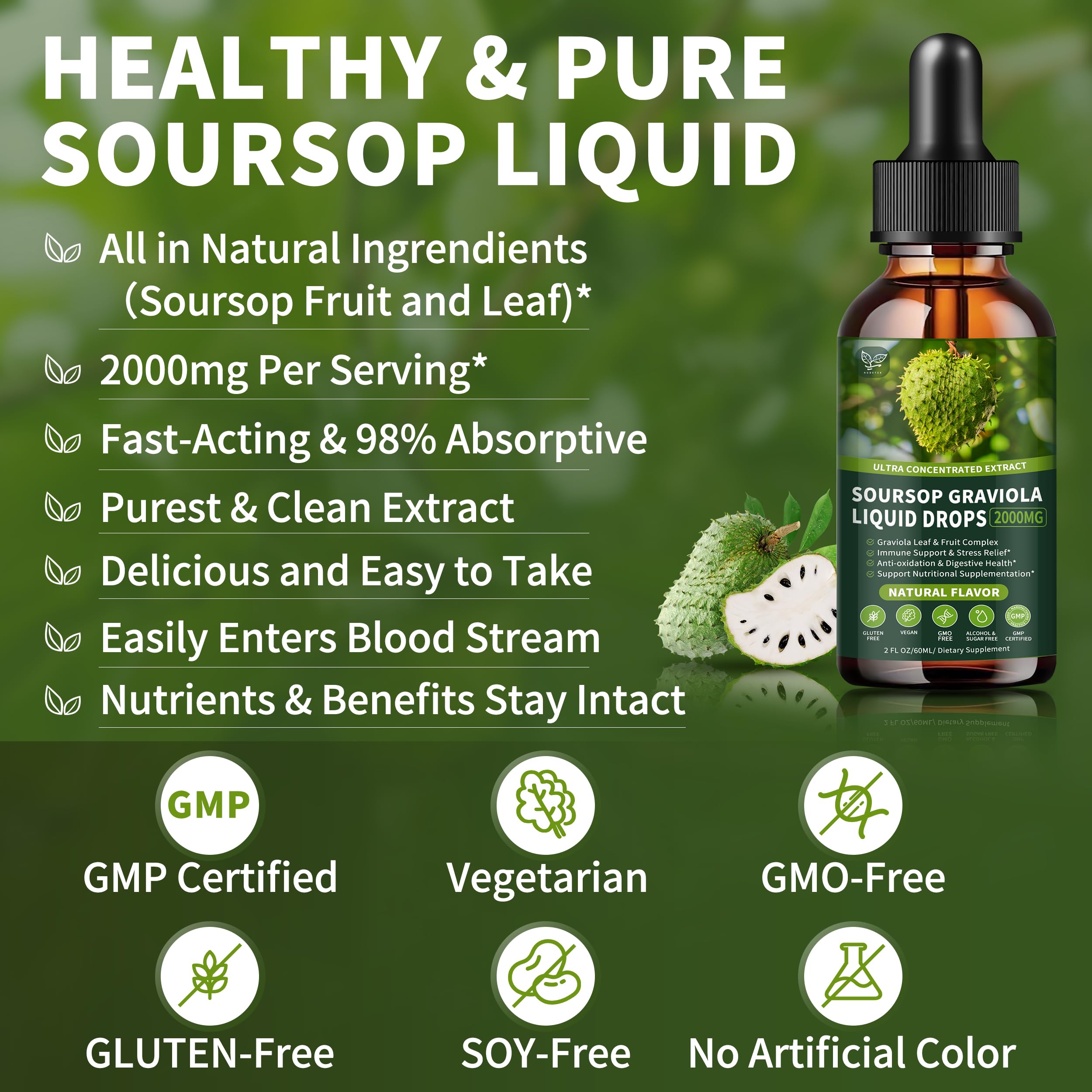 Soursop Graviola Liquid Drops 2000mg, Organic Soursop Extract - 98% Absorption Soursop Bitters Liquid for Cell Support & Regeneration and Immune Boost, Sugar/Gluten Free, Natural Flavor, 2 Fl Oz — Amazon image 3