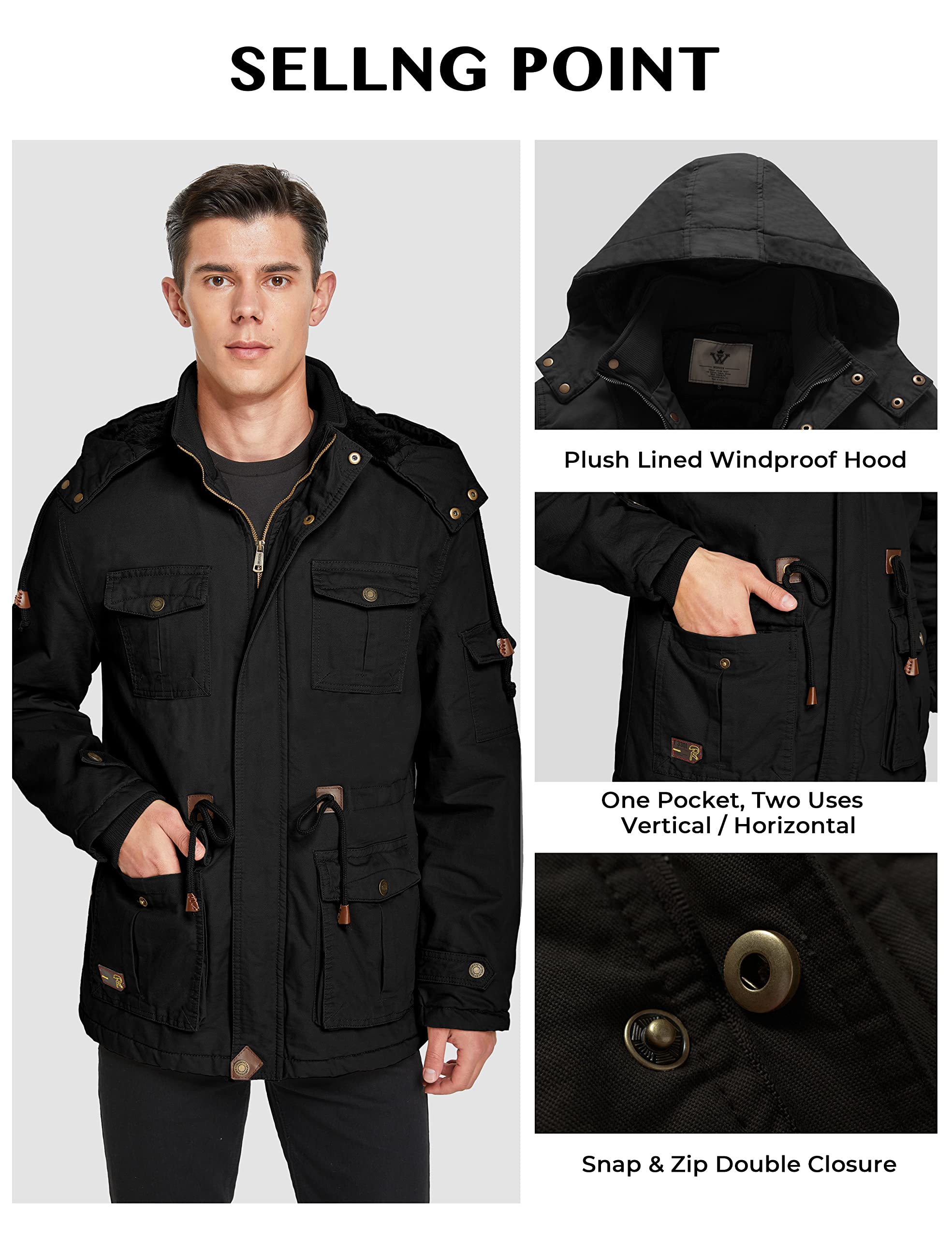 WenVen Giacca Militare Uomo Invernale con Cappuccio Caldo Antivento | Cappuccio Rimovibile,Fodera Spessa,Antivento, Caldo,Leggero,Giubbotto in Cotone,Mezza Stagione,Esterno,Escursionismo,Casual