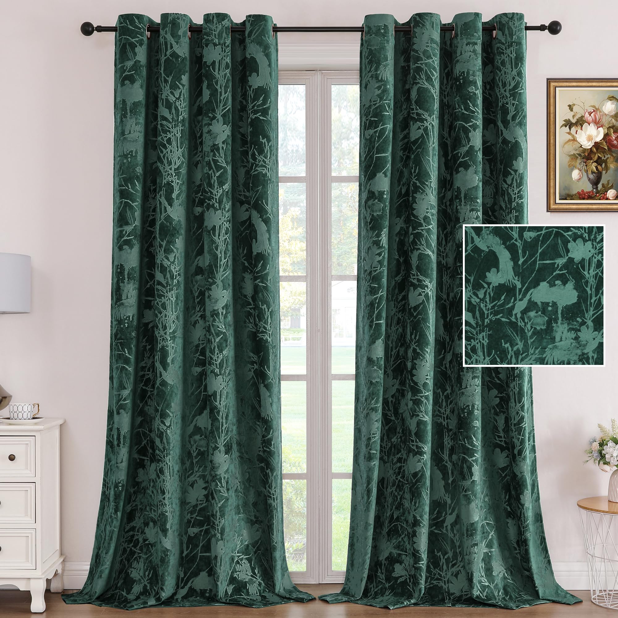 H.VERSAILTEX Velvet Curtains for Bedroom Super Soft Luxury Curtain Drapes with Birds and Lotus Room Darkening Thermal Boho Style Curtains for Living