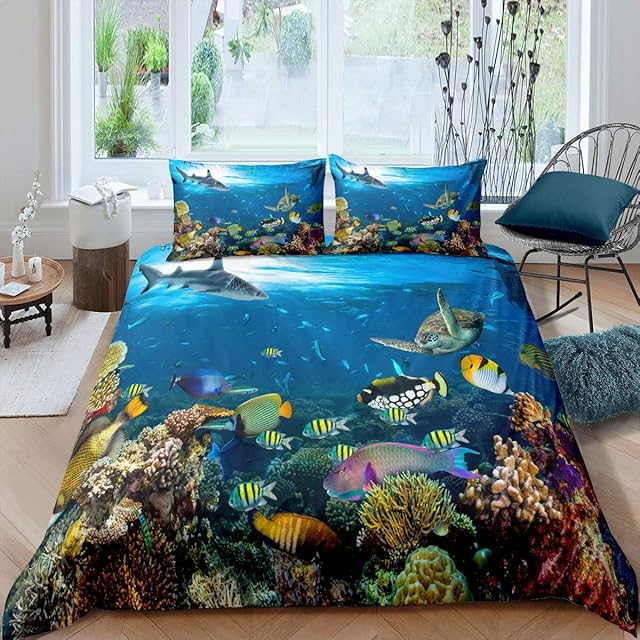 Shark Bedding Set Sea Turtle Comforter Cover for Kids Boys Girls Teens Adult Ocean Marine Themed Duvet Cover Underwater Animal Pattern Bedspread 2Pcs with 1 Pillowcase Single Size