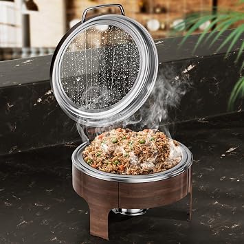 Chafing Dishes for Buffet, 6QT Round Stainless Steel Chafing Dish with Transparent Hydraulic Lid, 304 Food Pan, Buffet Warmer for Parties and Events Wood Color