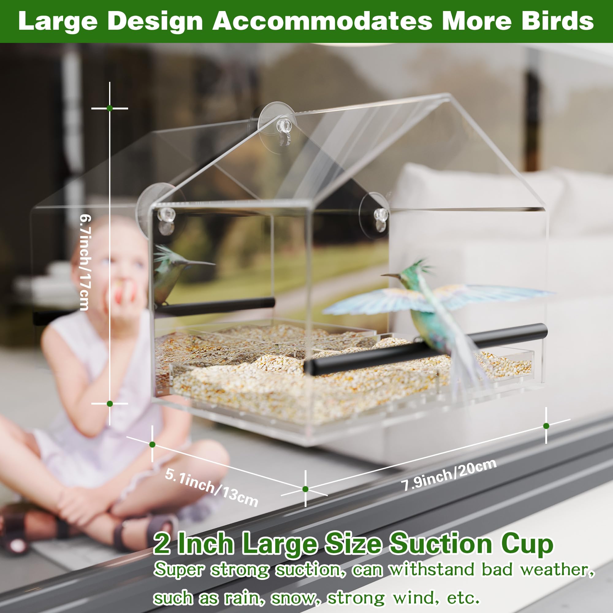 Comedero para pájaros de ventana unidireccional para exteriores con ventosas fuertes, casa de pájaros silvestres de acrílico transparente para ver gatos, comedero de pájaros grande transparente