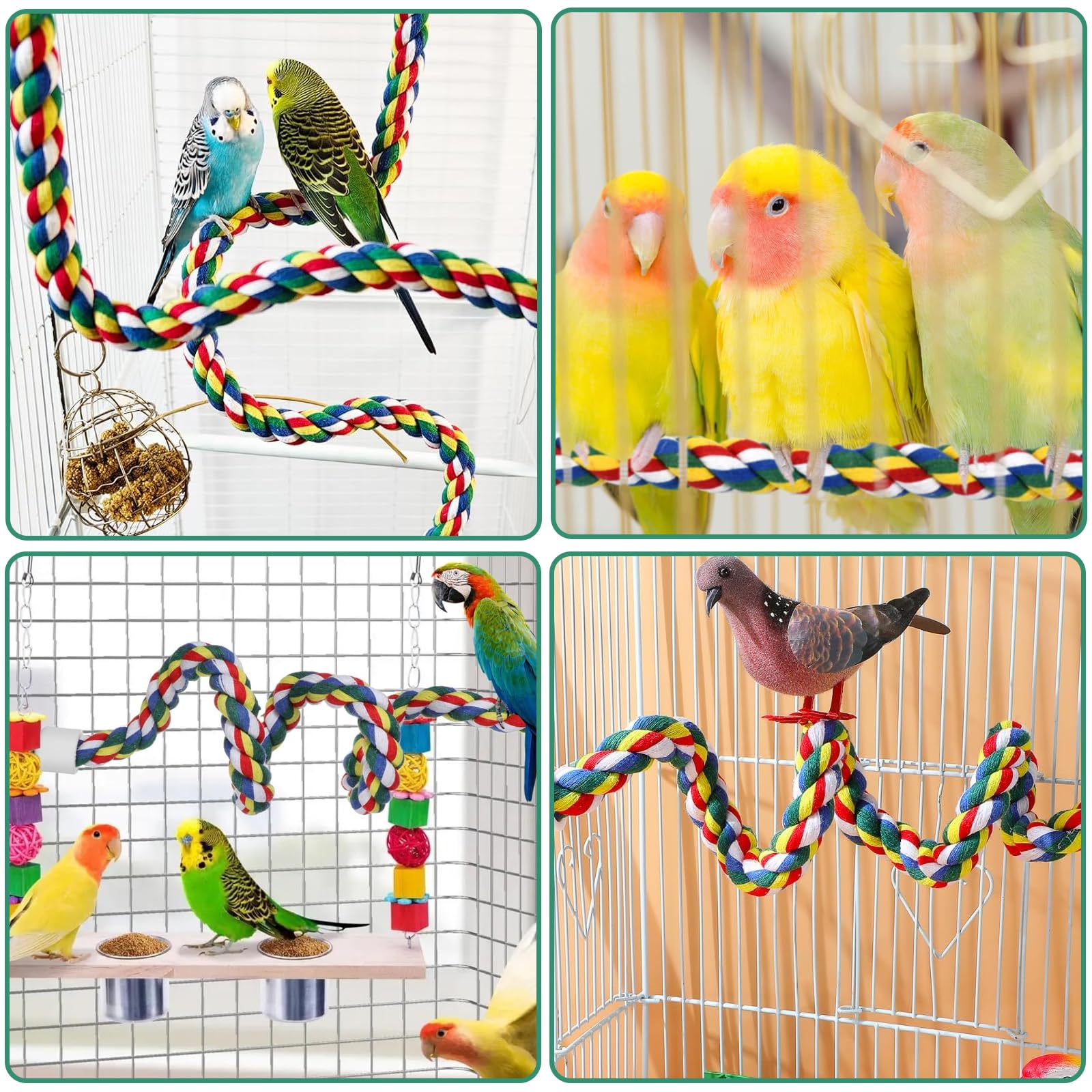 2 Posatoi per Pappagalli, 80 cm Posatoio Flessibile per Gabbia Uccelli, Barra Antiscivolo in Cotone con Anima in Metallo e Clip, Accessorio per Pappagalli Cocorite e Uccelli