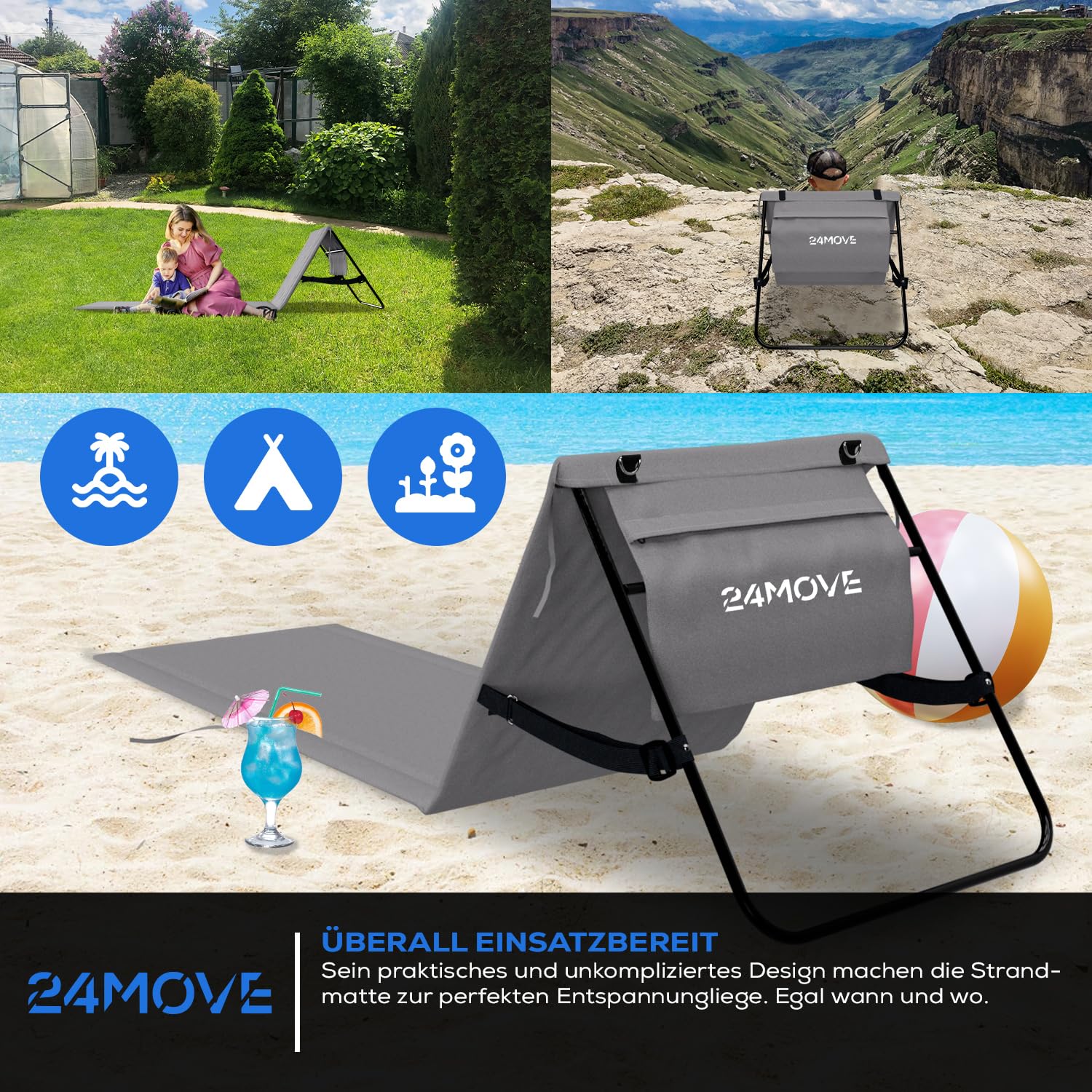 24MOVE® Strandmatte Set klappbar mit Verstellbarer Rückenlehne, Strandliege faltbar mit Schlaufen, Aufbewahrungstasche, Sonnenliege für Strand Garten, versch. Farben