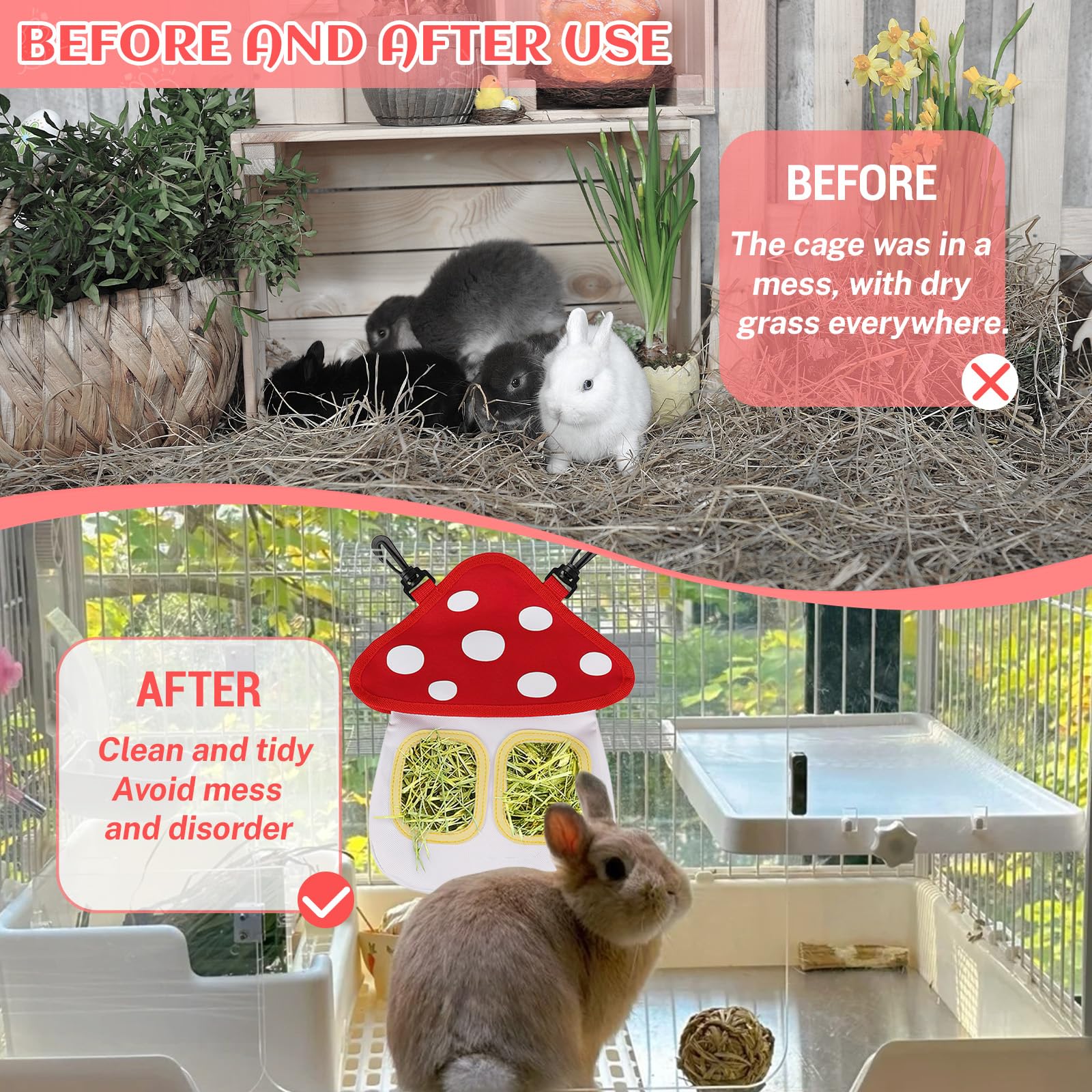 Râtelier à Foin Lapin, dellyy Sac Foin Lapin avec 2 Poutres, Mangeoire Cochon d'Inde, Foin Cochon d'Inde pour Hamster Chinchilla (Blanc, M)