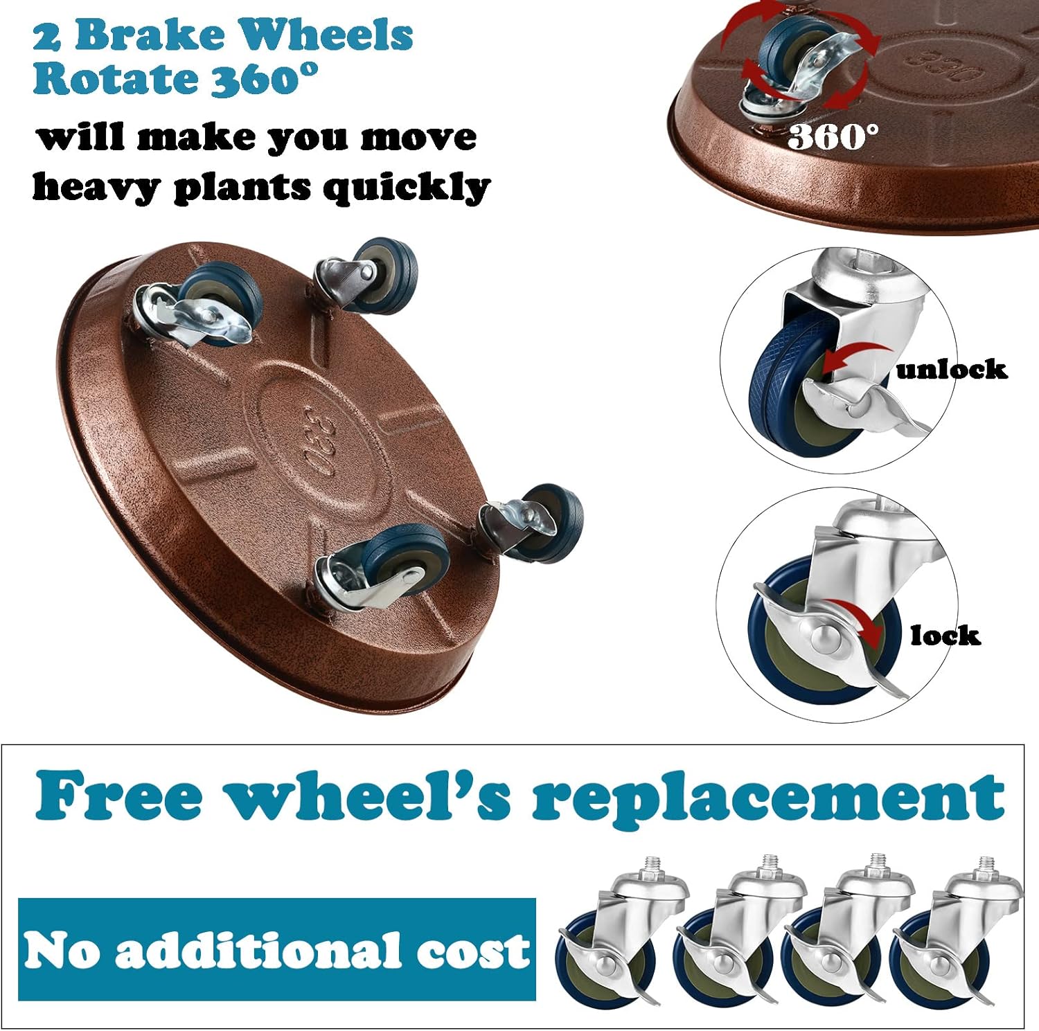 3 Packs Metal Plant Caddy with Wheels 13" Rolling Plant Stand Heavy Duty Plant Dolly with Casters for Indoor and Outdoor Large Planter Casters Potted Plant Mover,Copper