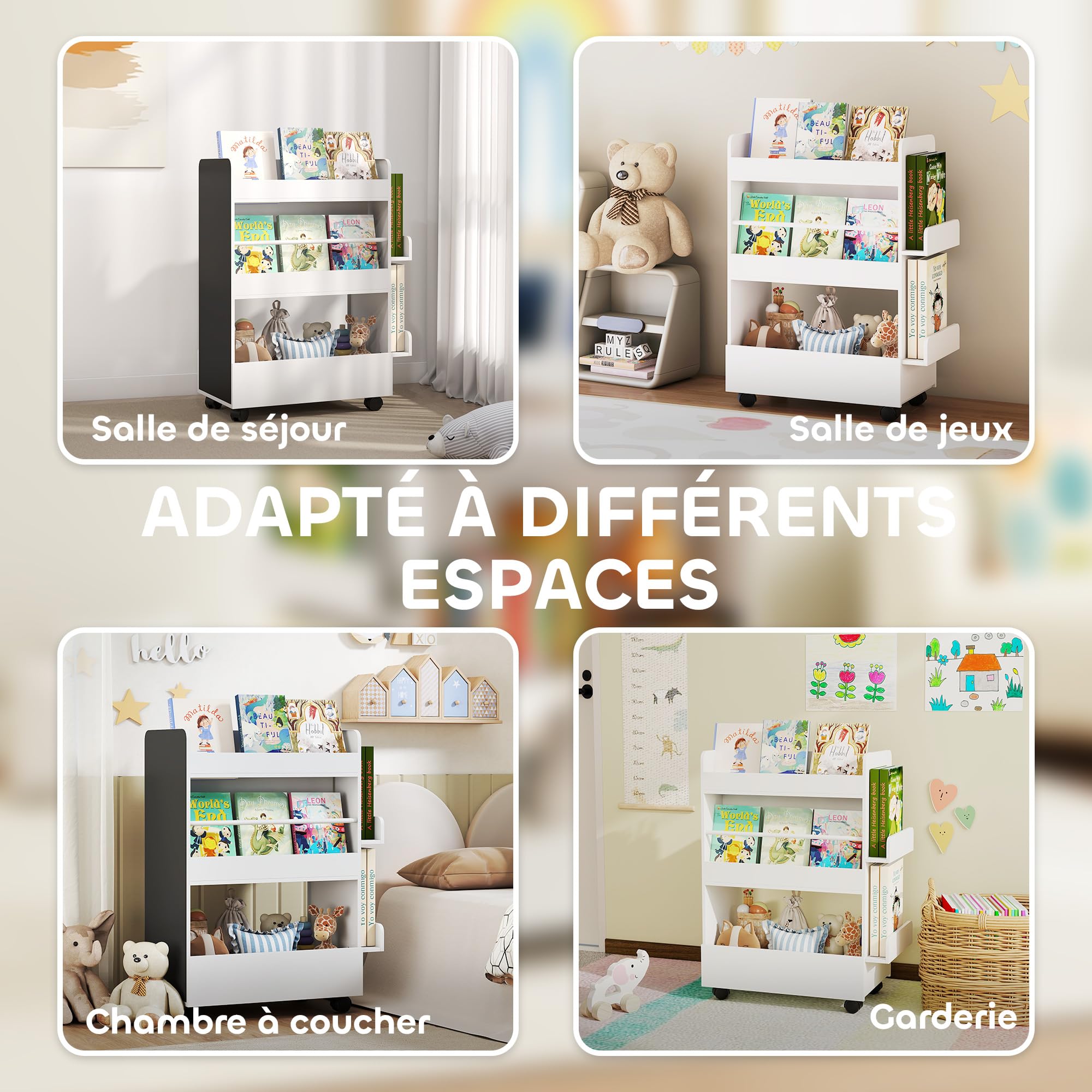 AIYAPLAY Bibliothèque pour Enfant 3 à 8 Ans avec roulettes, Rangement Livre Enfant avec Tableau Noir, Meuble de Rangement, pour Salle de Jeux, Blanc